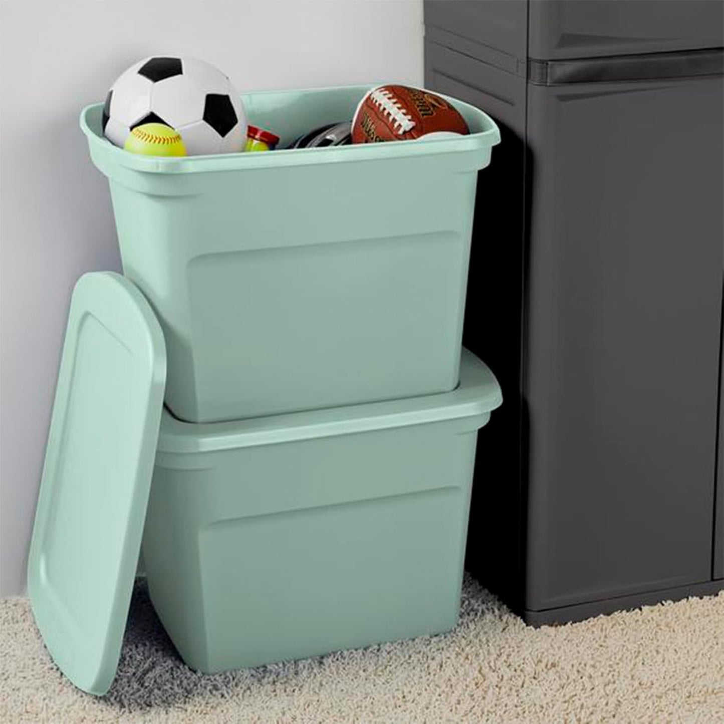 Sterilite 32 Pack Tote, Plastic Stackable Storage Bin Container with Lid, 18 Gallon, Mindful Mint