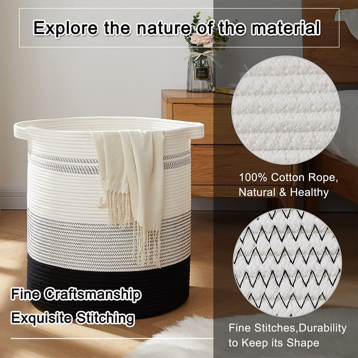 OIAHOMY 80L Laundry Hamper,Storage Basket with Handles,Decorative Basket for Living room,Woven Storage Basket for Toys Bin,Pillows, Blankets,Clothes-20x18in-Gradient Dark