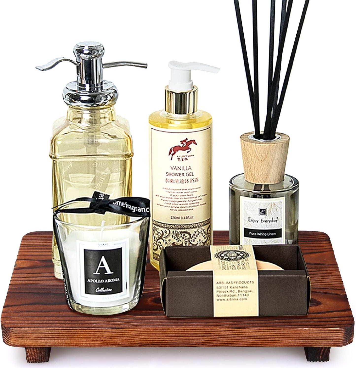 Farmhouse Bathroom Counter Tray Wood Risers Display Stands Kitchen Countertop Trays Decorative Dish Soap Dispenser Holder for Bathroom Sink Accessories Wooden Pedestal Stand Kitchen Decor Vanity Tray
