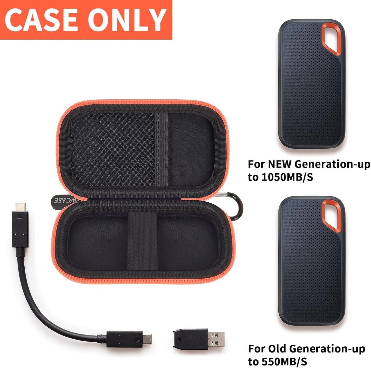 Hard Case Compatible with SanDisk 1TB 2TB 4TB 500GB 8TB Extreme Portable SSD - Up to 1050MB/s - External Solid State Drive. Carrying Travel Holder for USB Cables -Black and Orange Zipper (Bag Only)