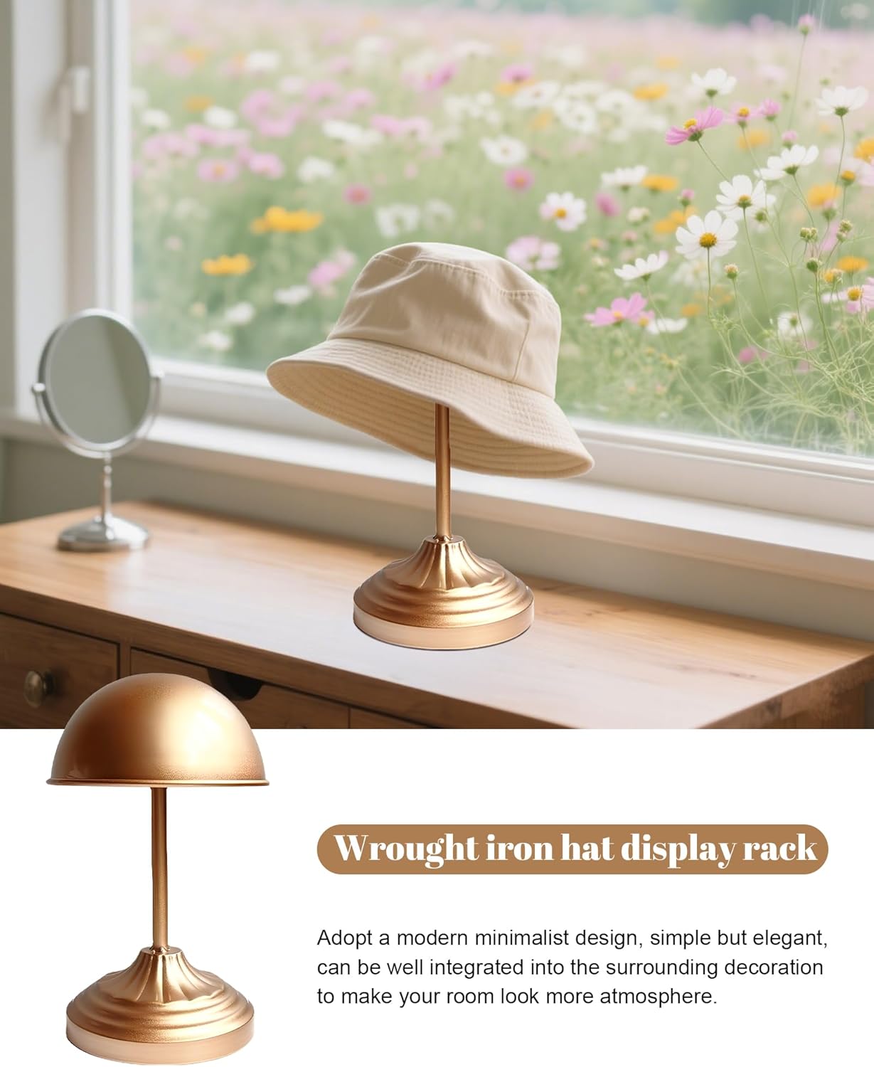 CHADWICK Freestanding Metal Hat Stand - Vintage Dome Style for Displaying Hats, Helmets, and Wigs - Elegant Golden Color