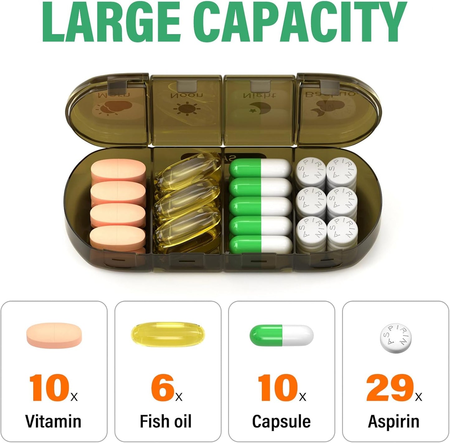 Weekly Pill Organizer 4 Times a Day, 7 Day Pill Box 4X, Portable for Travel Pill Case for Pills/Vitamin/Fish Oil/Medication/Supplements (4x7 Brown)
