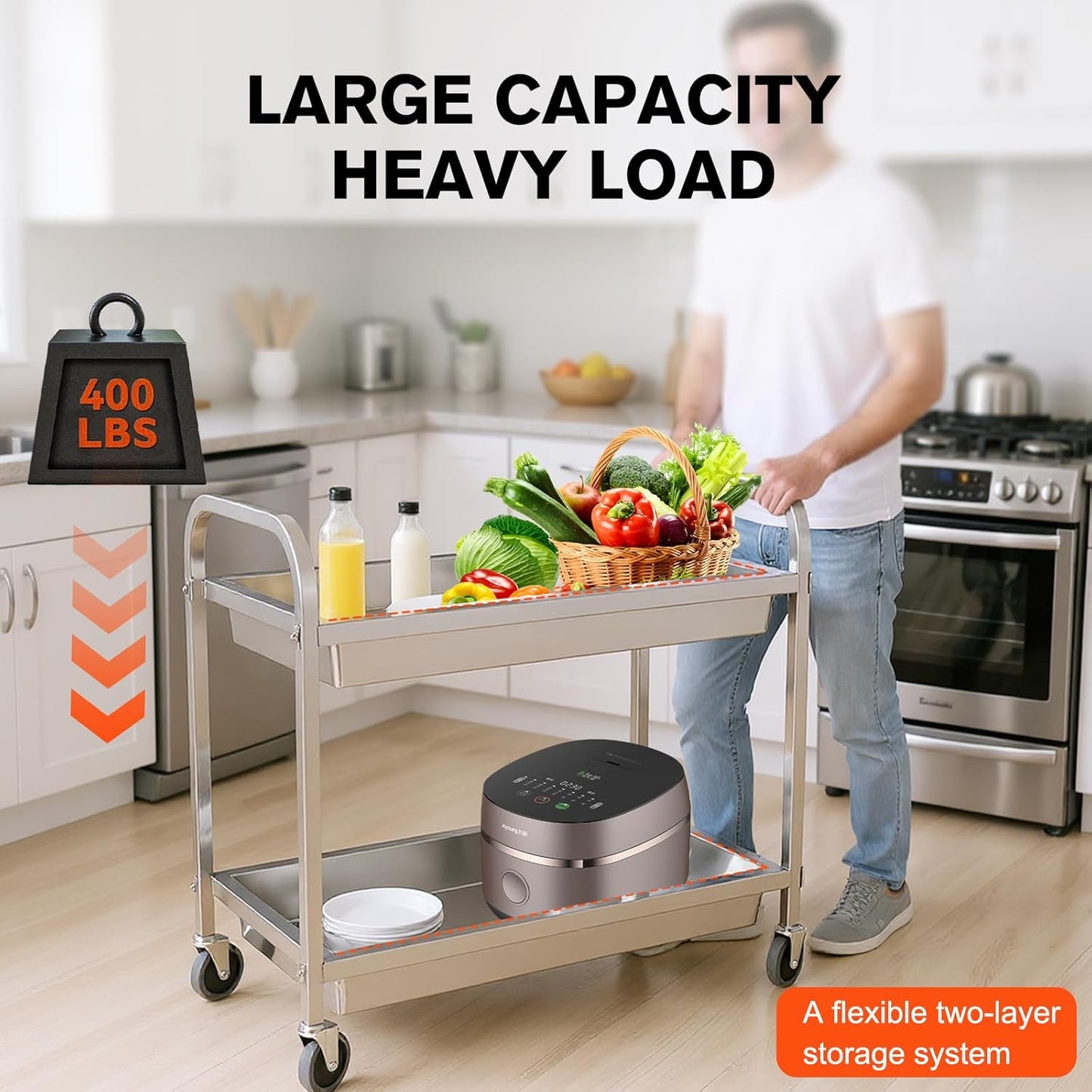 Stainless Steel Kitchen Cart with Lockable Wheels Food Storage Service Trolley Mobile Dining Car Trolley Dining Cart Kitchen Cart Utility Cart Metal Mobile Food Rolling Car 400lbs Capacity