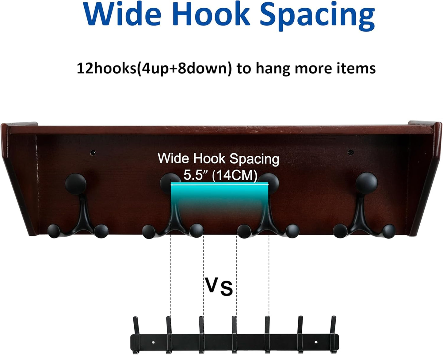 WEBI Wall Shelf with Hooks Underneath,24” Long Wall Mounted Coat Rack with Shelf,Entryway Coat Rack with 4 Triple Hooks for Hanging Coats,Jacket,Hallway,Bedroom,Mudroom,Cherry