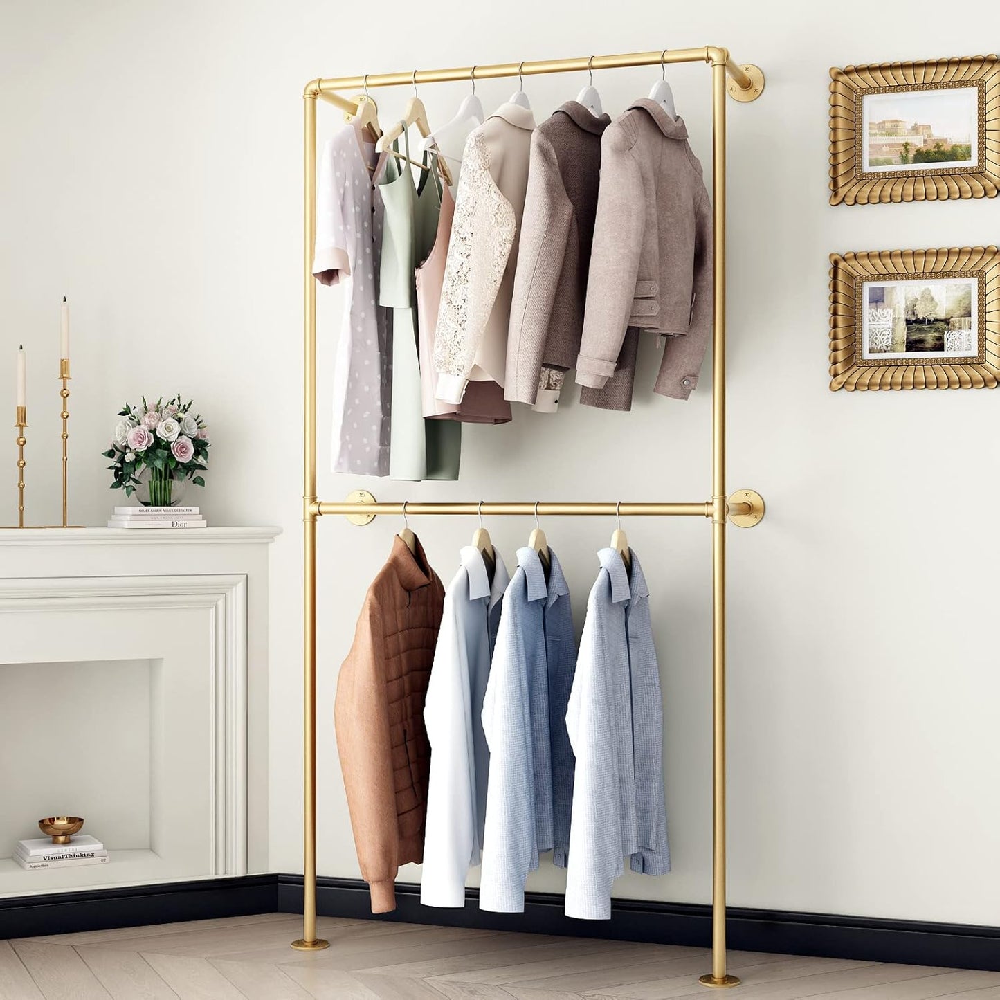 Gold Clothing Racks Wall Mount Clothes Rack, Heavy Duty Industrial Pipe Clothing Rack Retail Display Hanging Rod for Closet Storage, Laundry Room(Gold)