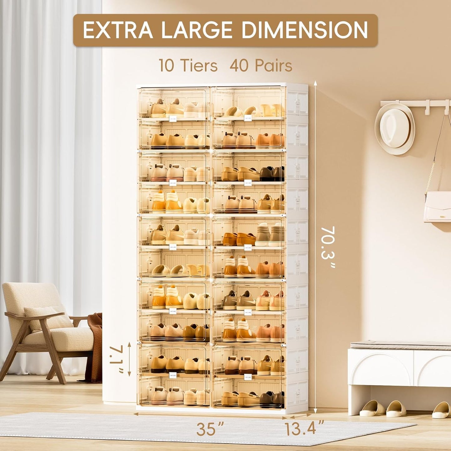JEKO&JEKO 10 Tiers Foldable Shoe Rack Organizer Cabinet for Closet Entryway, Large Collapsible Shoe Storage Box with Magnetic Doors Fits Up to 40 Pairs (White)