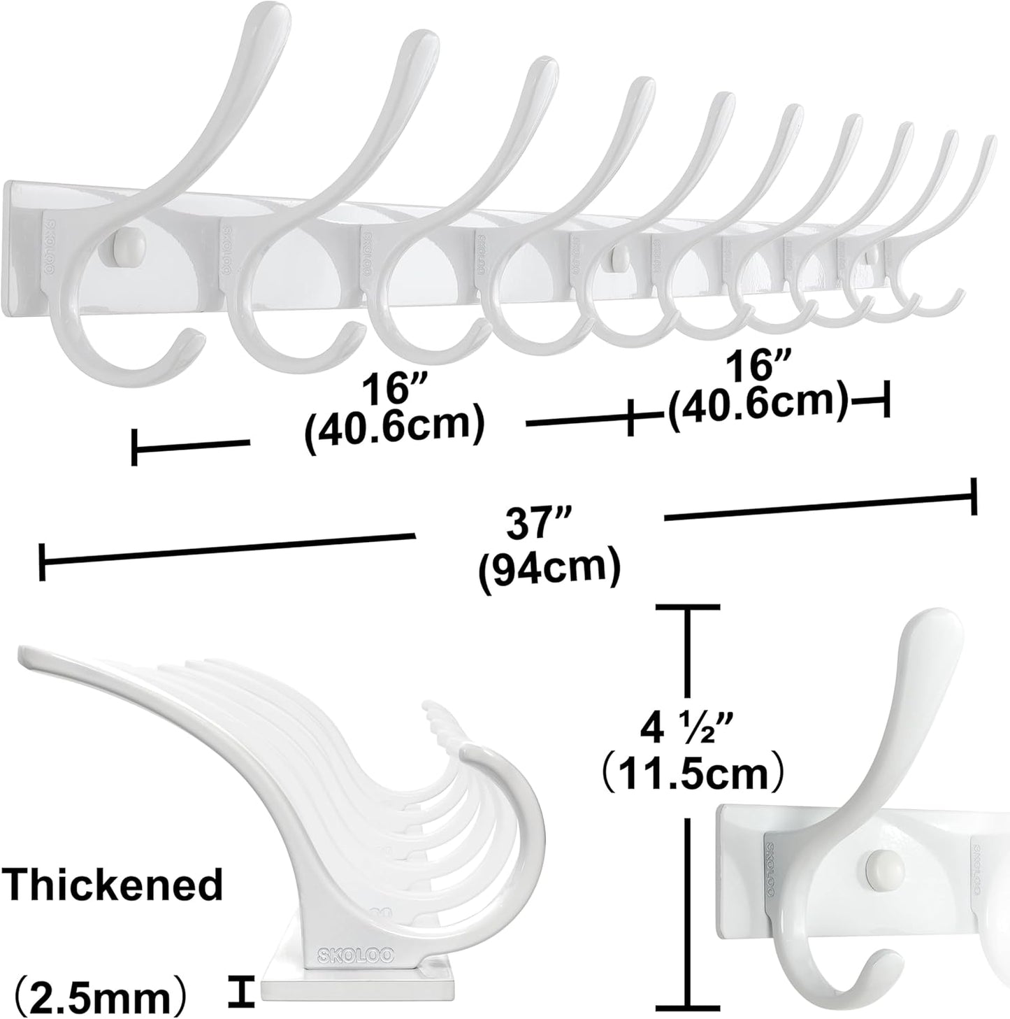 SKOLOO Coat Rack Wall Mounted - 10 Hooks, Pack of 2, Heavy Duty, Stainless Steel, Metal Wall Hangers, Sturdy Coat Hooks for Hanging Coats, Jacket, Clothes, Hat, White