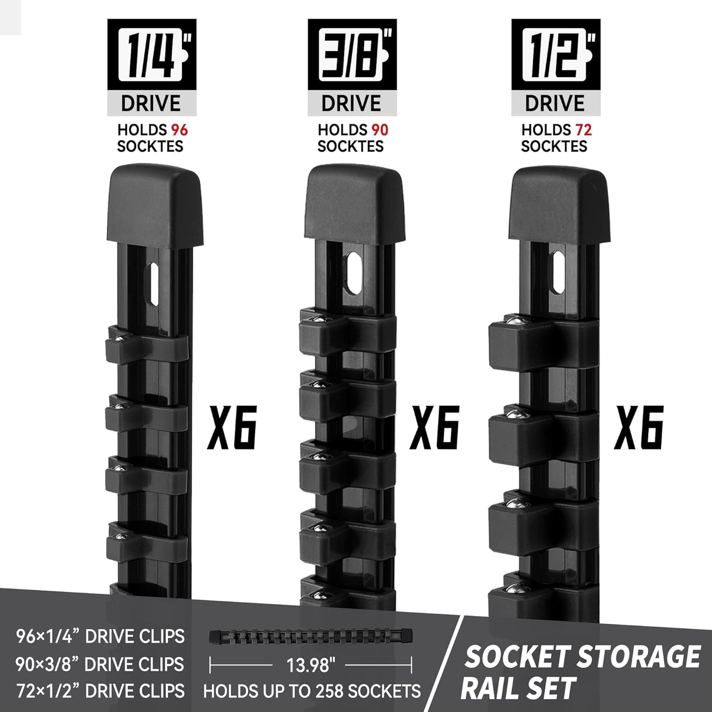 Socket Organizer Drive ABS Tools - Black Socket Holder, Premium Quality 18 Pieces Socket Holders Kit 1/4-Inch x 96 Clips, 3/8-Inch x 90 Clips, 1/2-Inch x 72 Clips（18PC,Black)