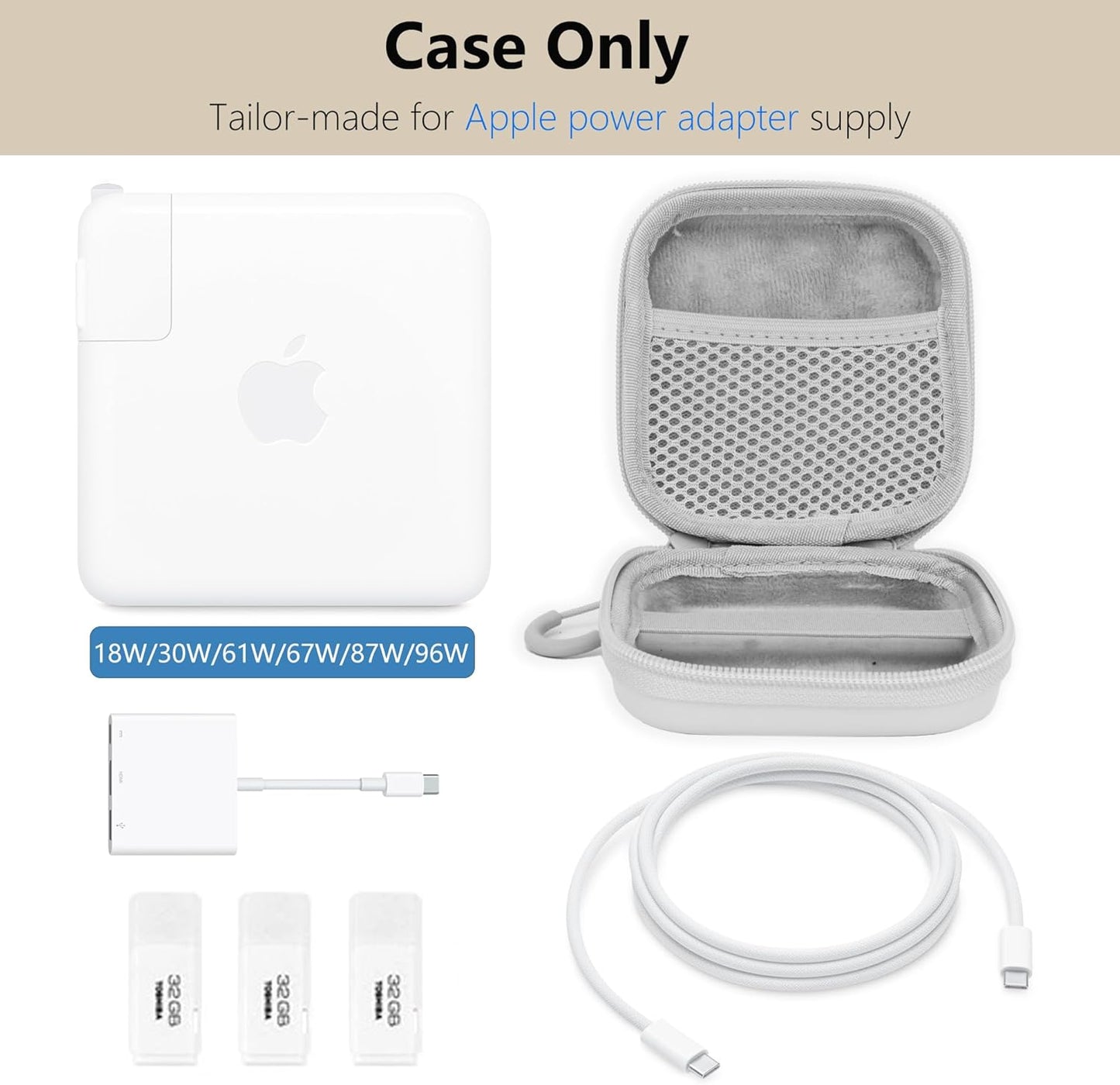 Charger Case for Macbook, Portable Tech Electronic Organizer Bag, Travel Storage Pouch for Laptop Accessories, MacBook Power Adapter, Charging Cords, USB, Power Bank (Light Grey, M)