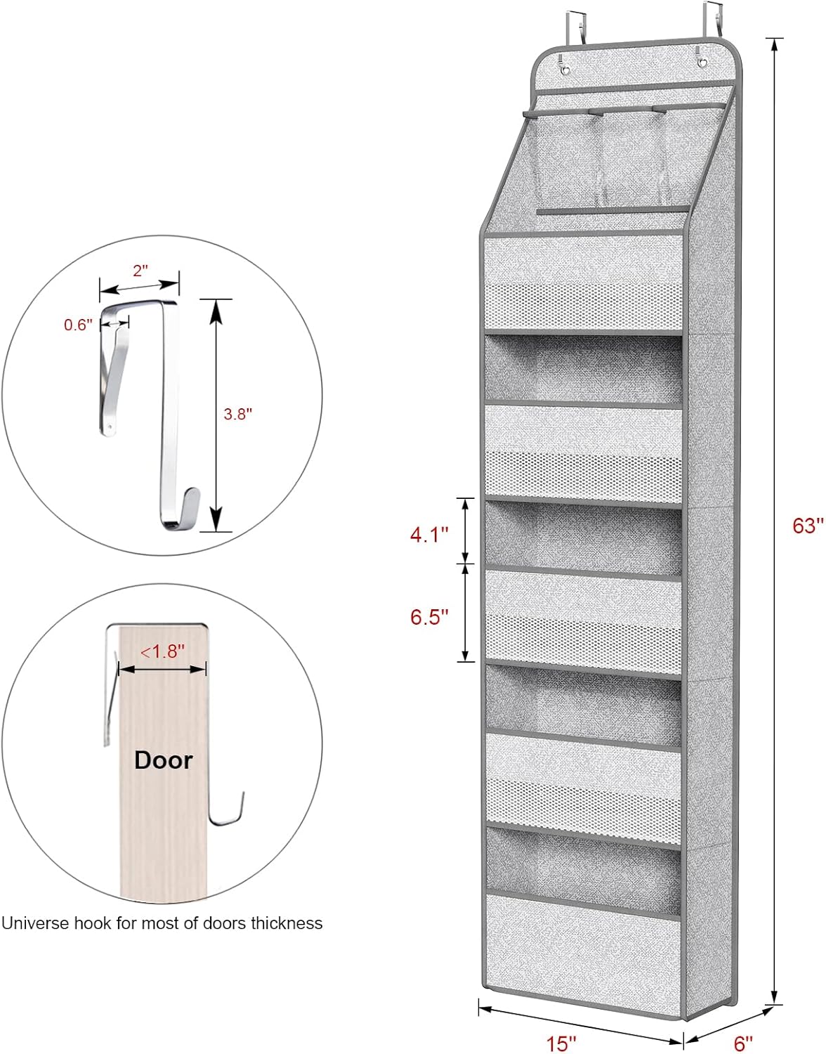 Univivi 6-Shelf Over Door Hanging Organizer Fabric Baby Door Storage with 5 Large Pockets and 3 Small PVC Pockets Wall Mount Hanging Storage Organizers for Baby Essential (Grey Pattern)