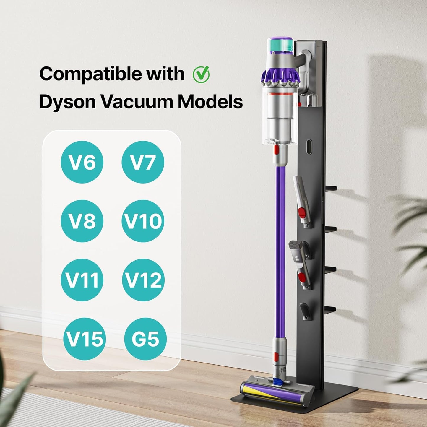 Vacuum Cleaner Stand, Compatible with Dyson Gen5 V15 V12 V11 V10 V8 V7 V6, Floor Cordless Vacuums Attachment Holder with 4 Hooks and 4 Shelves, Metal Storage Bracket Organizer, Black