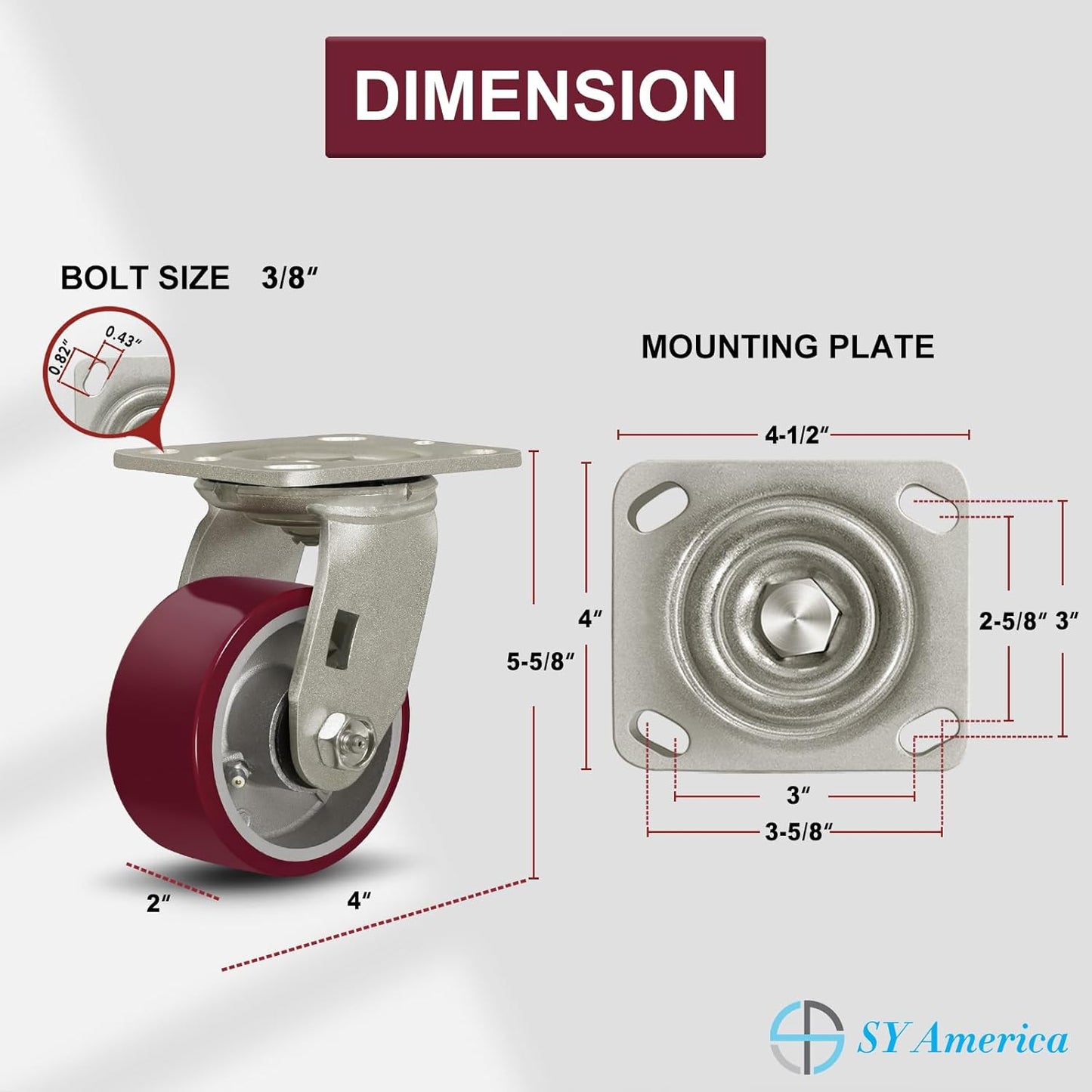 SY America 4" X 2" Casters Wheels,Heavy Duty Industrial Casters，Polyurethane on Aluminum Wheels,2 Swivel Casters,1600 LBS Load Capacity