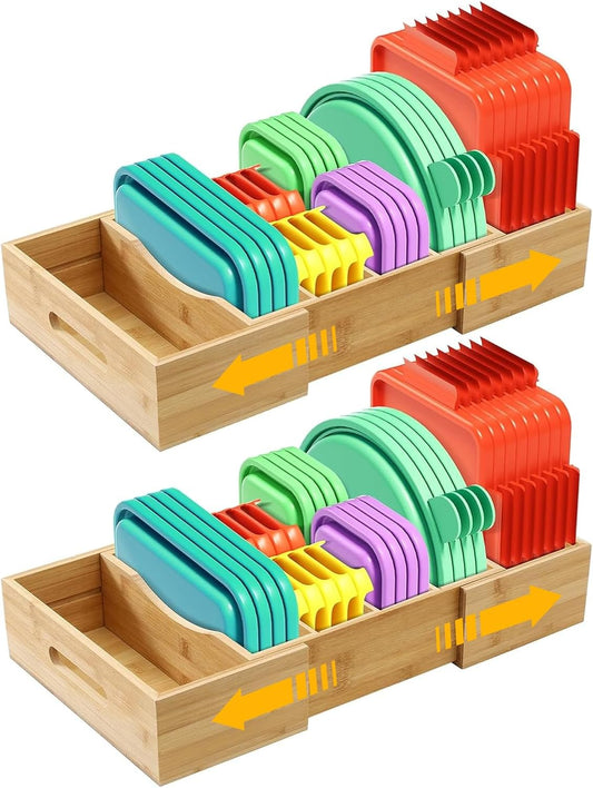 2 Pack Expandable Food Container Lid Organizers, Gift for Christmas Bamboo Lids Organizer Inside Cabinet with 3 Adjustable Dividers Groove Design, Food Storage Box Lid Holder for Kitchen Organization