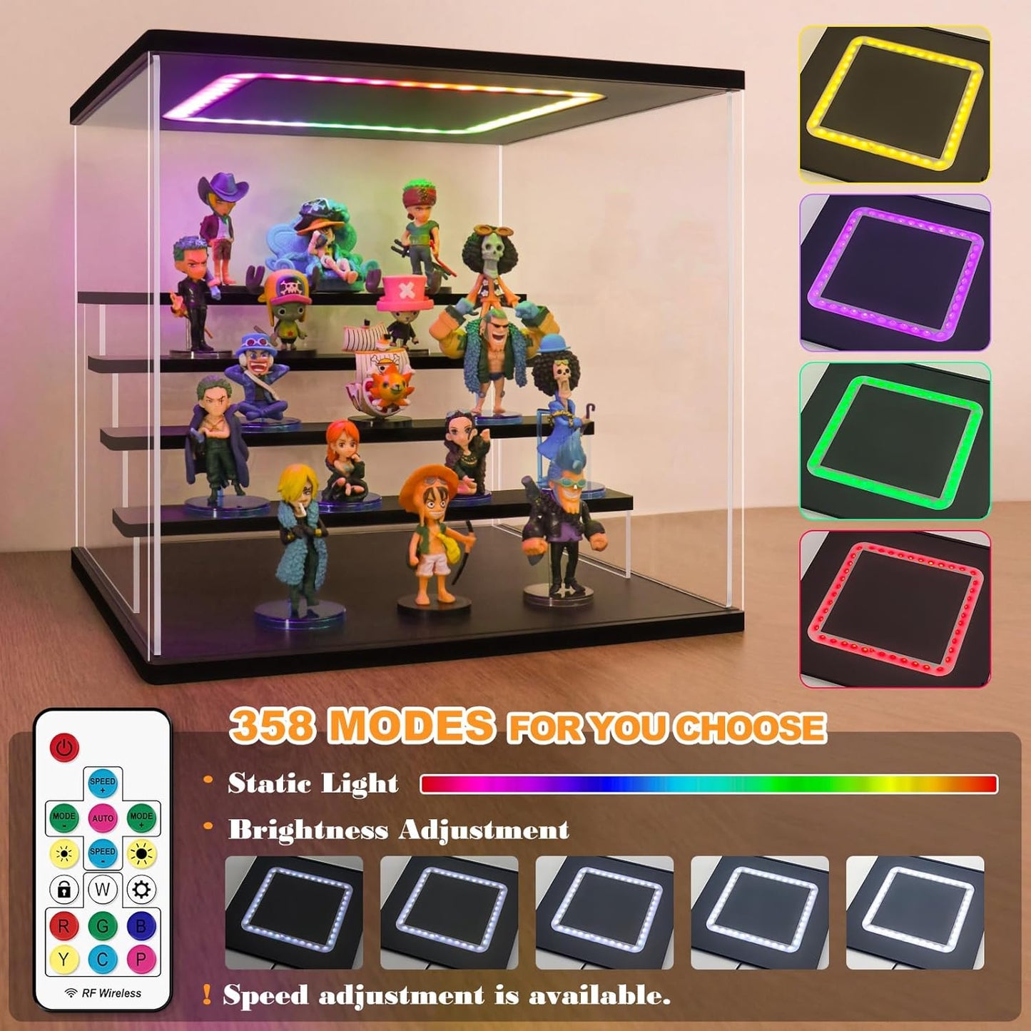 NONEMEY Clear Acrylic Display Case with Light ,3/4/5/6 Tier Multiple Color Lights via Remote Control Dustproof Display Box for Collectibles Figures Mini Toys (6 Tiers 19.6 * 12.5 * 16.5inch)