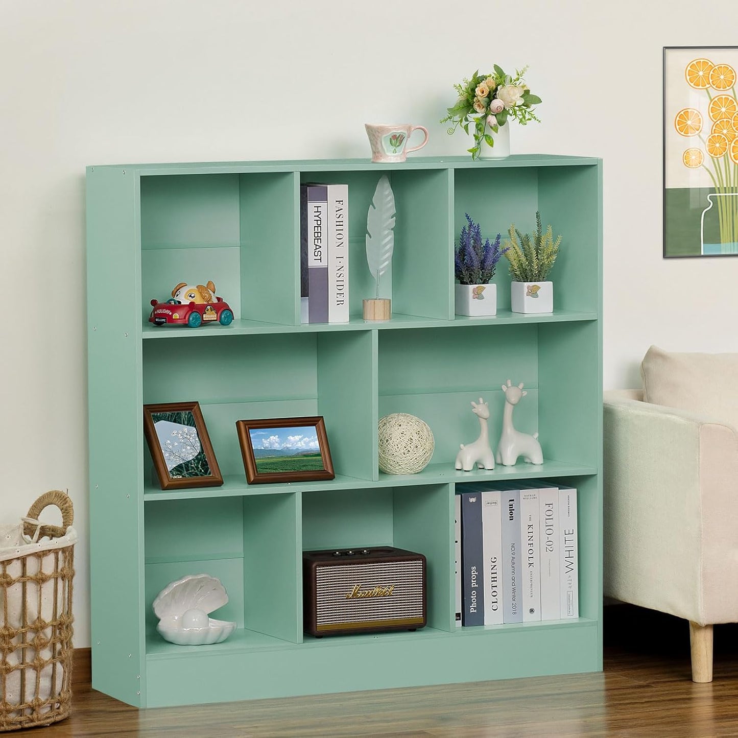 LEYAOYAO 8 Cube Bookshelf with Base,3 Tier Modern Mint-Green Kids Bookcase,Standing Wide Bookshelves Storage Organizer Toy Shelf,Wood Display Children's Book Shelves for Bedroom,Living Room,Nursery