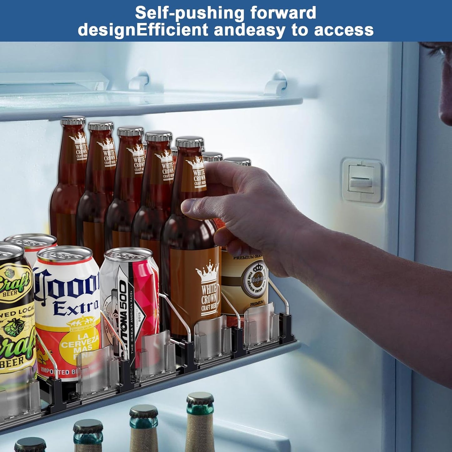Drink Organizer for Fridge,12oz 16oz 20oz - Soda Can Dispenser for Refrigerator,Width Adjustable,Automatic Pusher Glide,15"D,White,4 ROW,Holds 20 Cans