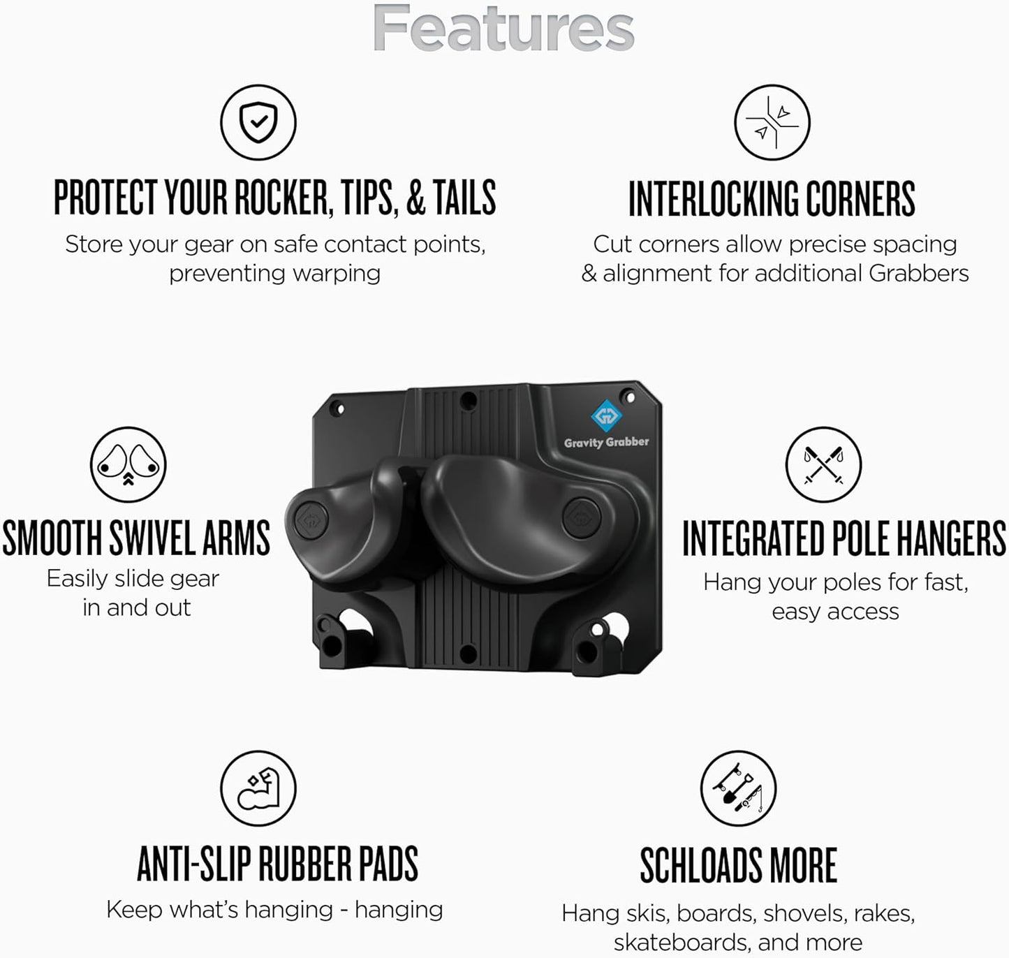 Gravity Grabber Ultimate Ski & Snowboard Wall Storage Rack - Fits any Ski or Snowboard - Save Your Rocker, Tips and Tails - Damage-free - 3x - Black