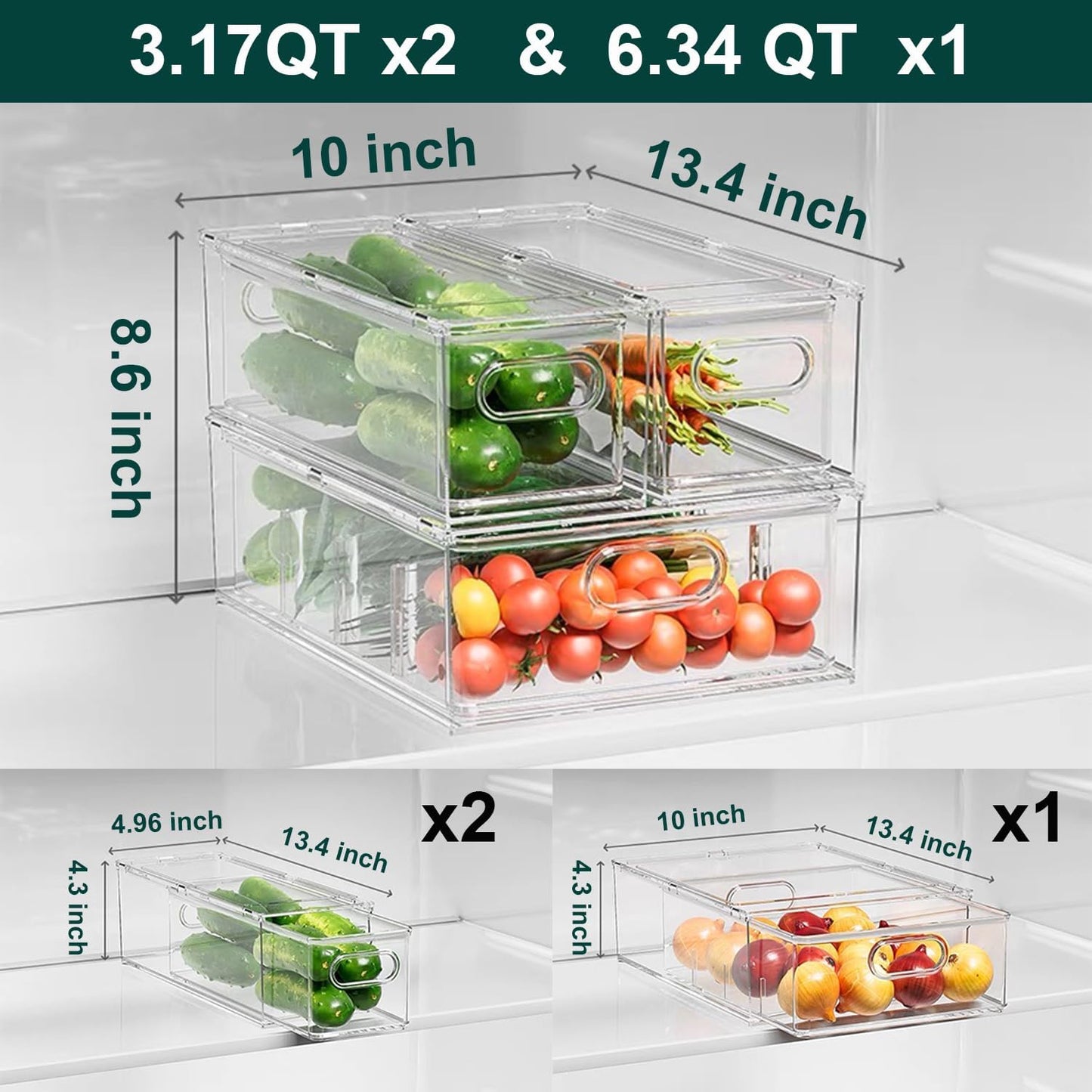 LALASTAR Fridge Drawers, 3-Pack Clear Stackable Pull Out Refrigerator Organizer Bins, Food Storage Containers for Kitchen, Freezer, Vanity & Fridge Organization and Storage (2 Small+1 Medium)