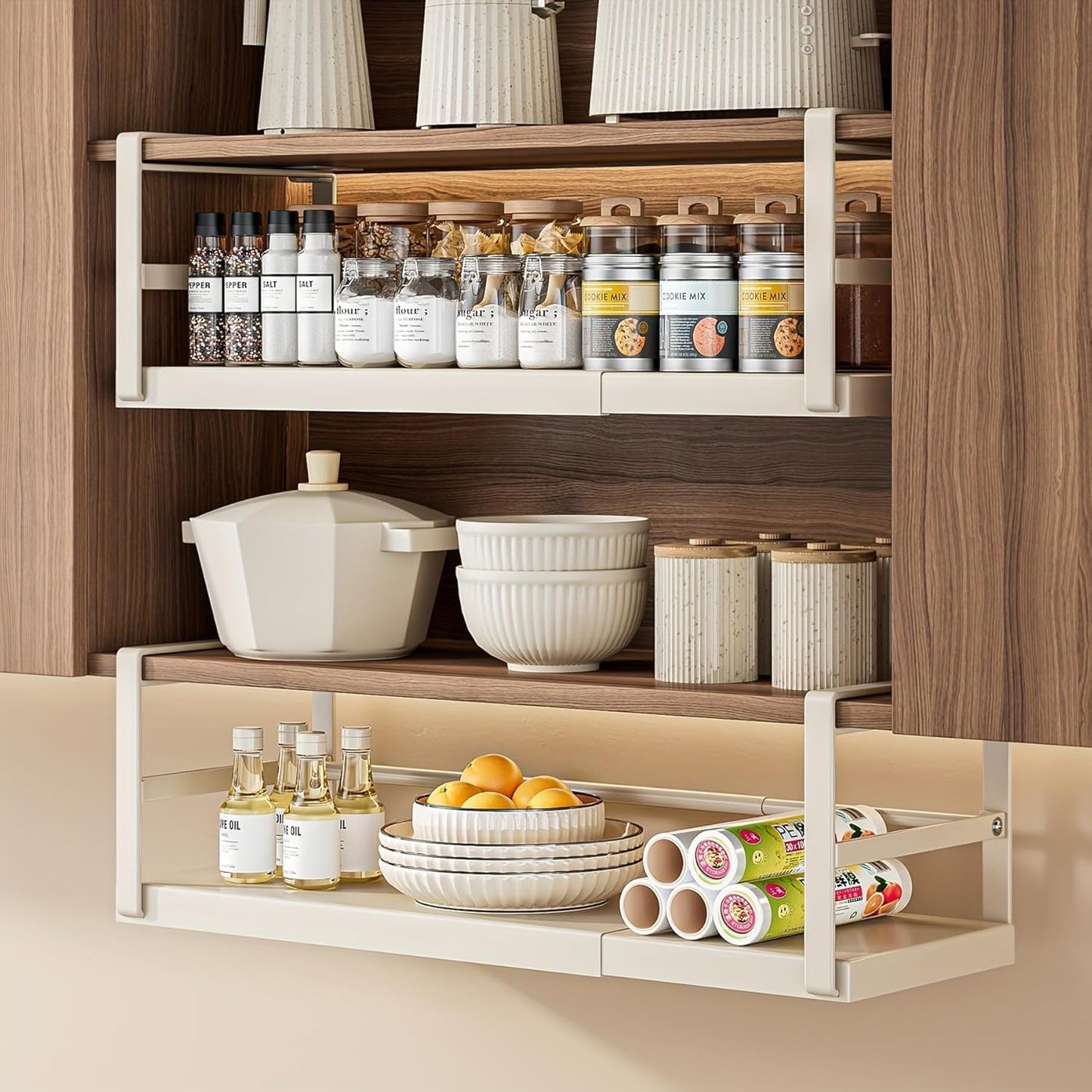 Hanging Under Shelf Storage Basket, Adjustable Width Under Cabinet Add-on Storage Racks, Heavy Duty Slide-in Baskets Organizer for Cabinet Pantry Kitchen, 1 Pack, 8.46"D x 17.7"W x 7.36"H