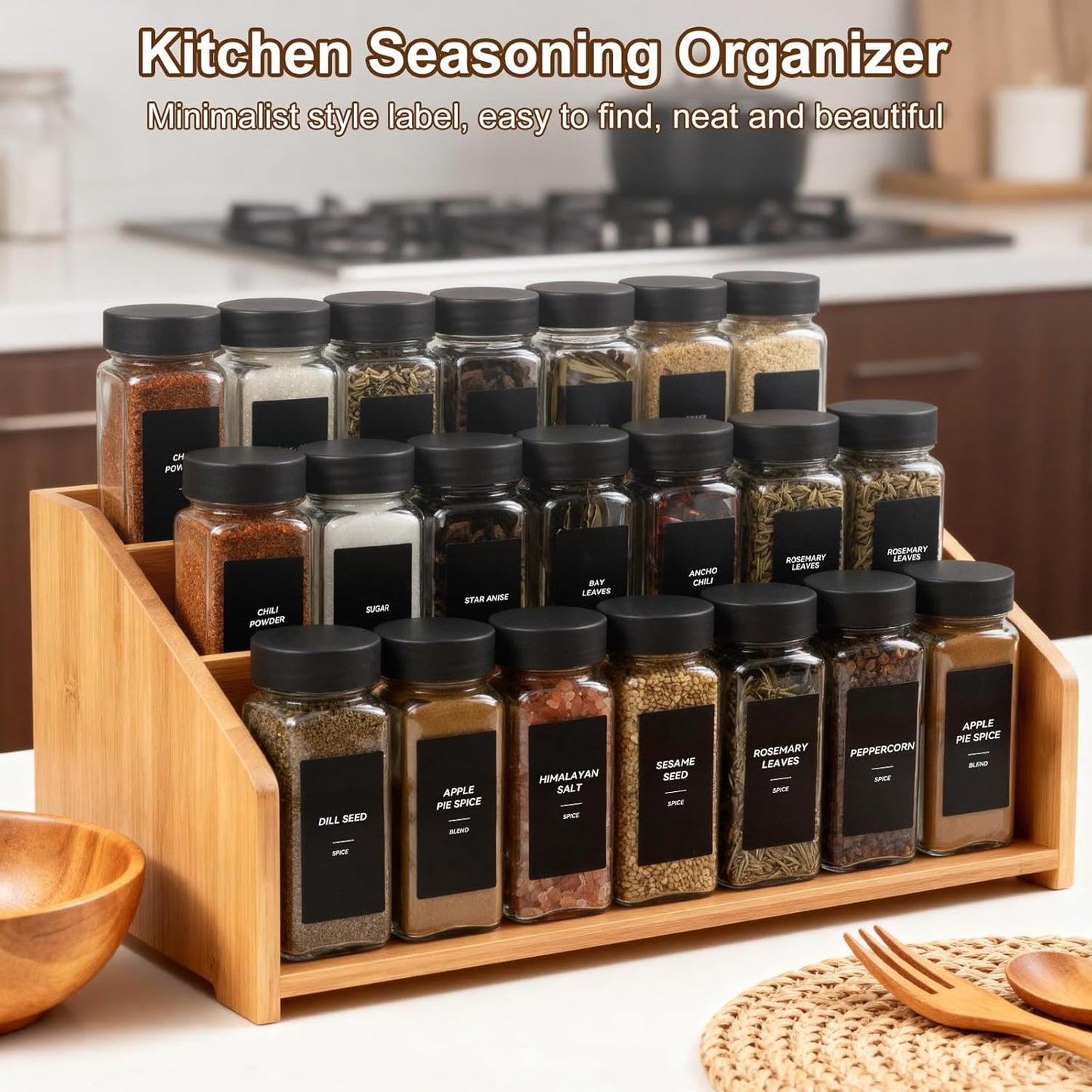 48Pcs Spice Jars Containers with Labels，4oz Black Seasoning Bottles with Shaker Lids for Rack, Cabinet, Drawer,Empty Square Condiment Pots (48, Black)