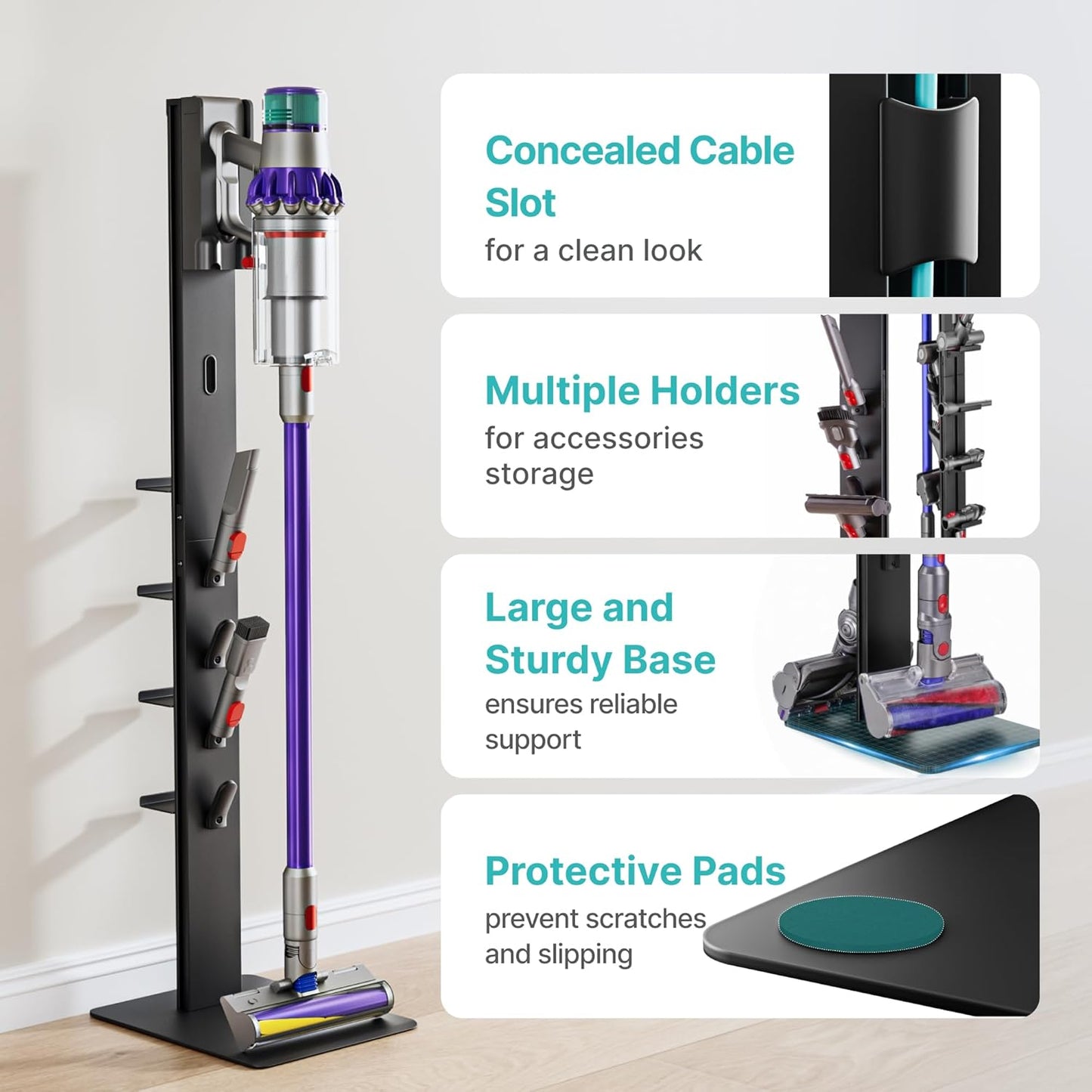 Vacuum Cleaner Stand, Compatible with Dyson Gen5 V15 V12 V11 V10 V8 V7 V6, Floor Cordless Vacuums Attachment Holder with 4 Hooks and 4 Shelves, Metal Storage Bracket Organizer, Black