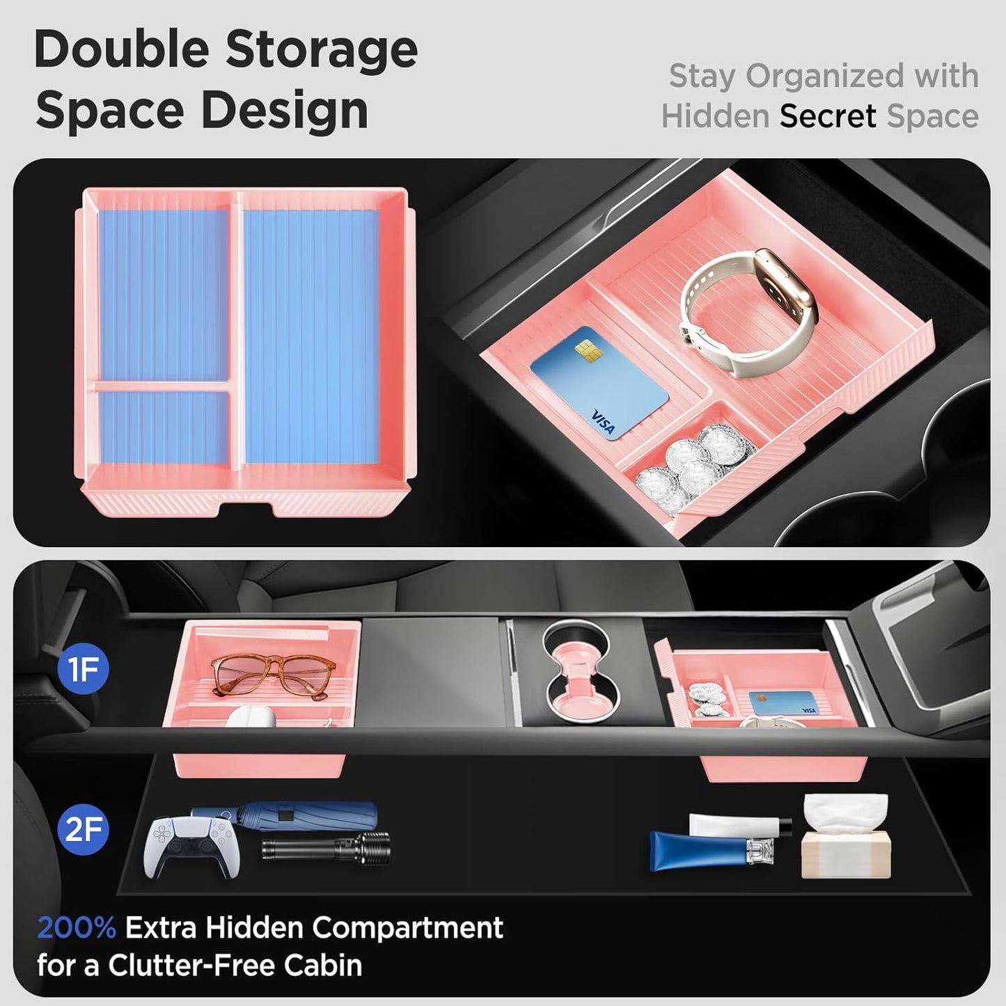 Center Console Organizer Tray for Tesla Model Y Juniper Accessories 2025 2026/For Tesla Model 3 Highland Accessories 2024 2025 2026 [Slide Smoothly/US Patent] Cup Holder Pink