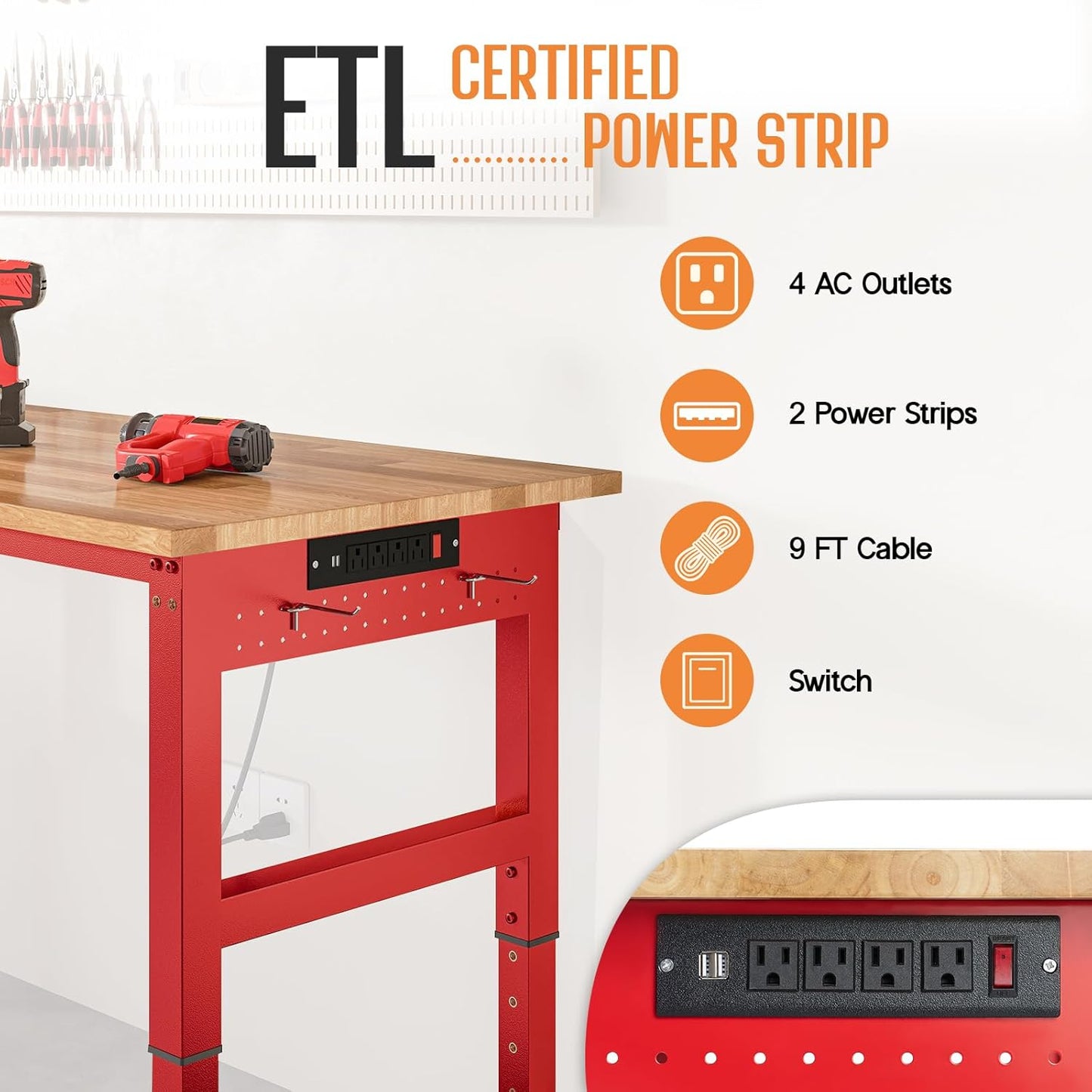 SPECRAFT 96" Red Adjustable Heavy Duty Workbench with 4 AC Outlet and 2 USB Ports Power Outlets, 6000 Lbs Capacity, Rubber Wood Top for Garage, Workshop, Office