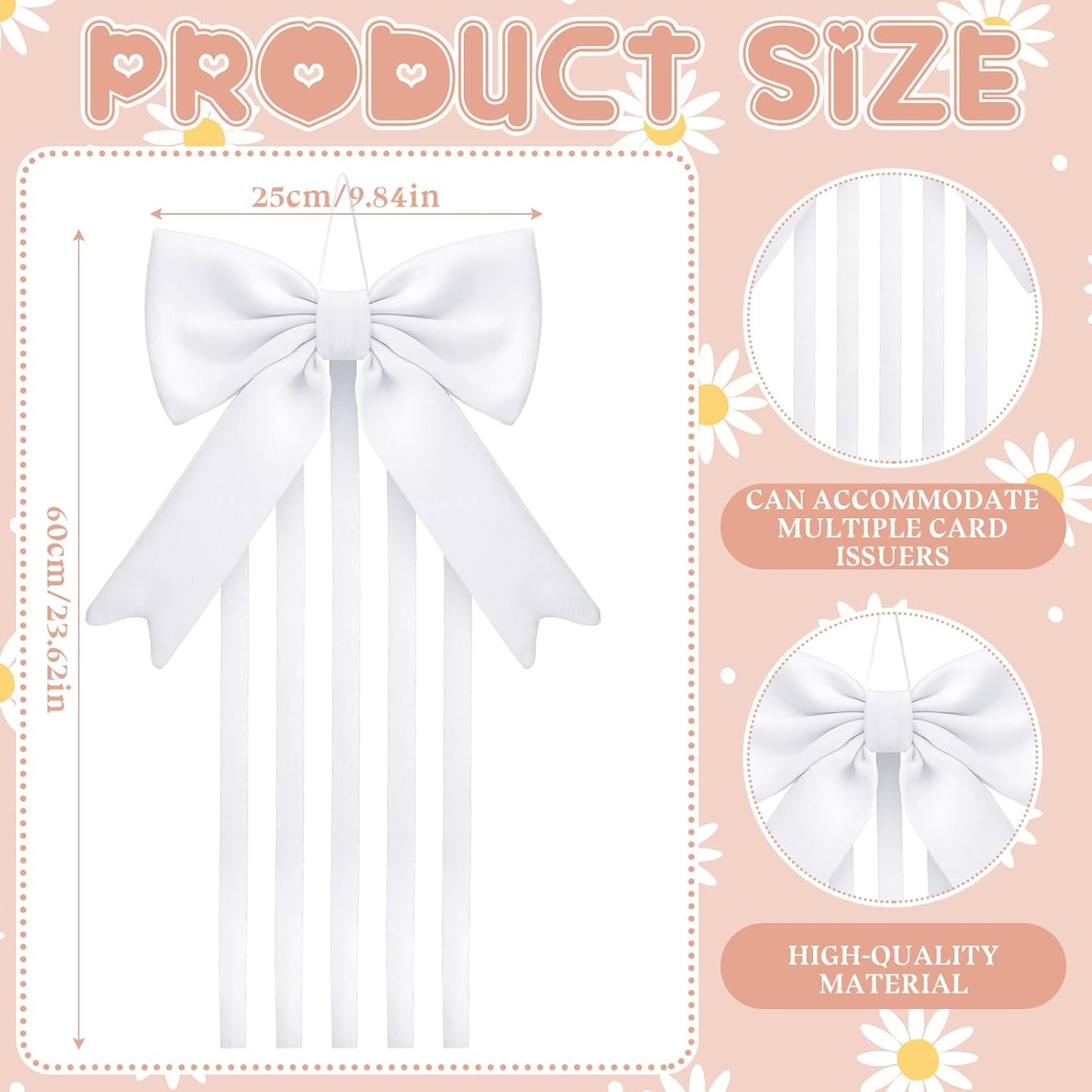 Weysat White Bow Organizer for Girls Huge Bow Holder for Girls Hair Bows Claw Clip Organizer Decoration Accessories with Five Ribbons 20inch*5 Organizador for Room Decor