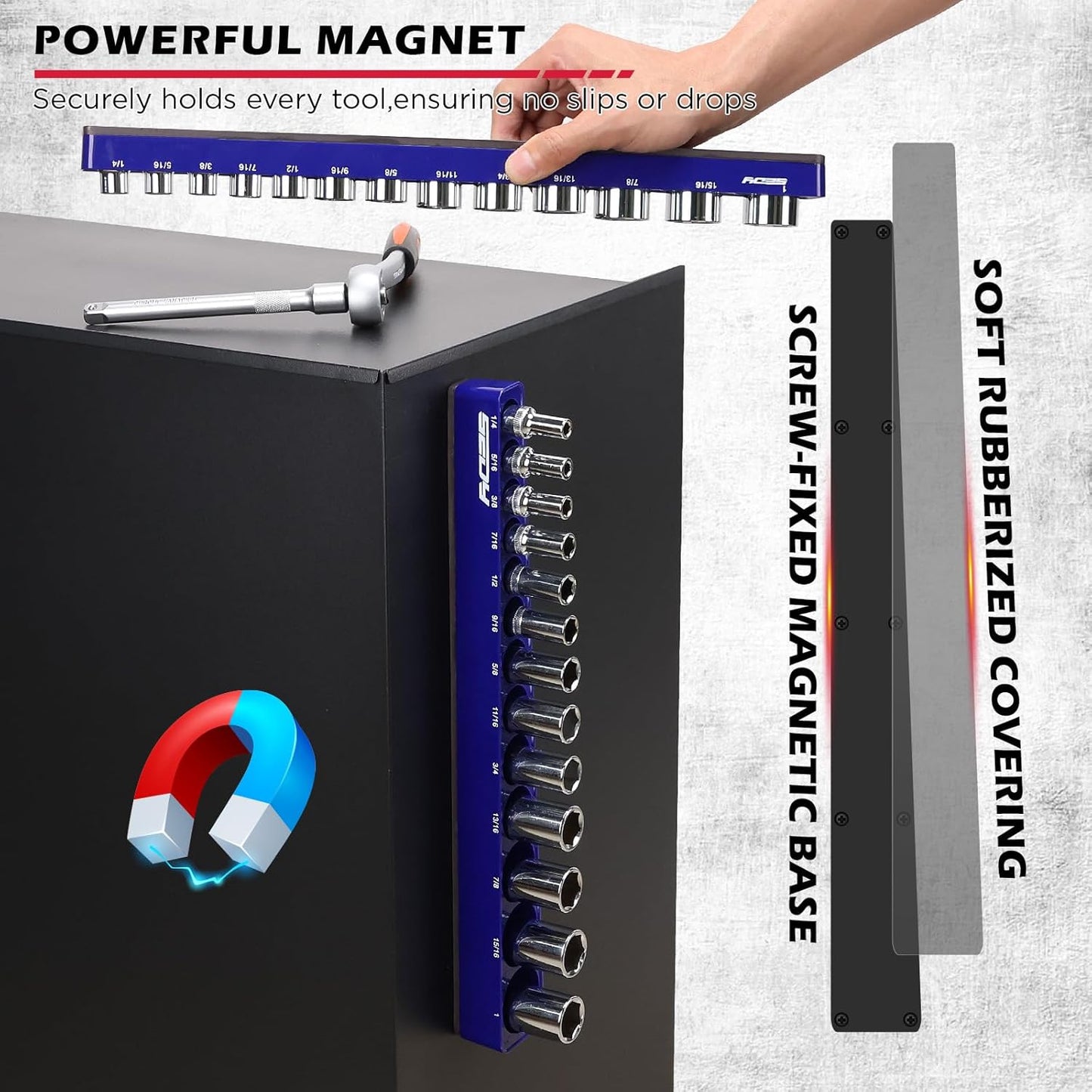 2-Piece 3/8"-Drive SAE Magnetic Socket Organizer Set (Holds 26 Sockets) - Detachable Tool Tray with 5mm Magnetic Base, Screw-Fixed Design & Heavy-Duty Modular Storage for Garage/Home Workshop