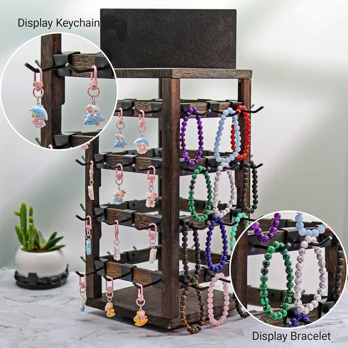 Wooden rotating Jewelry Display Stand with Removable 48 Hooks advertising board, For Earring Cards necklace bracelet Keychain Jewelry Organizer For Selling For vendor events (Dark brown)