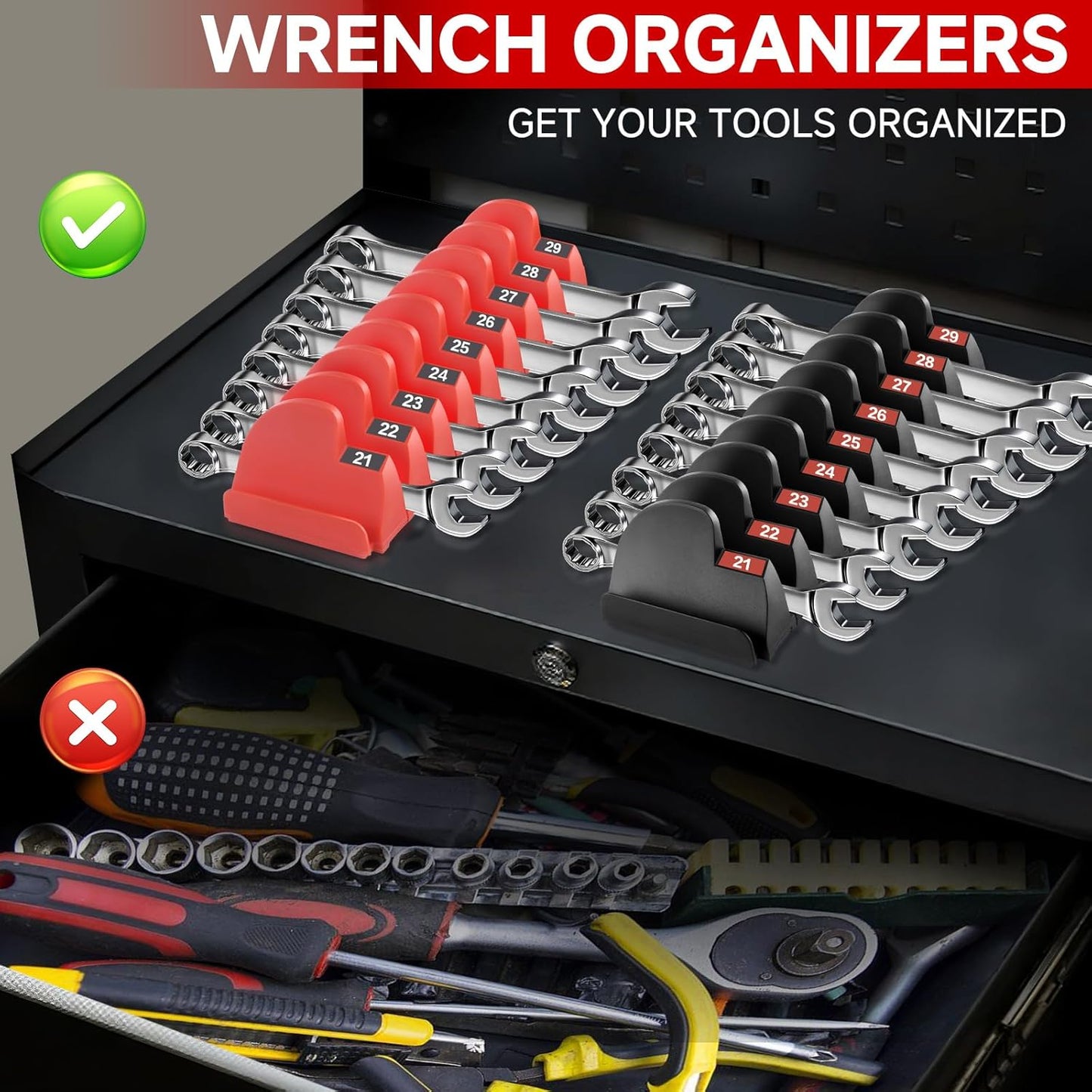 48 PCS Magnetic Modular Wrench Organizers for Tool Drawers- Customizable Wrench Rack with Metric & SAE Labels, Tool Storage Holder - Gift for Professional Mechanics Men-Red