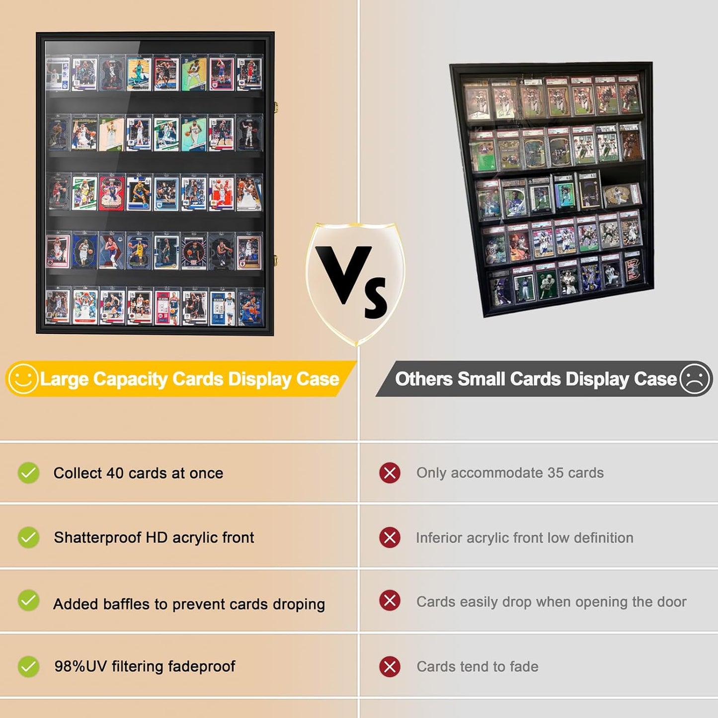 40 Graded Sport Card Display Case XL Baseball Card Display Case Wooden Wall Cabinet for Basketball Football Hockey Trading Cards Display Collectibles Souvenirs