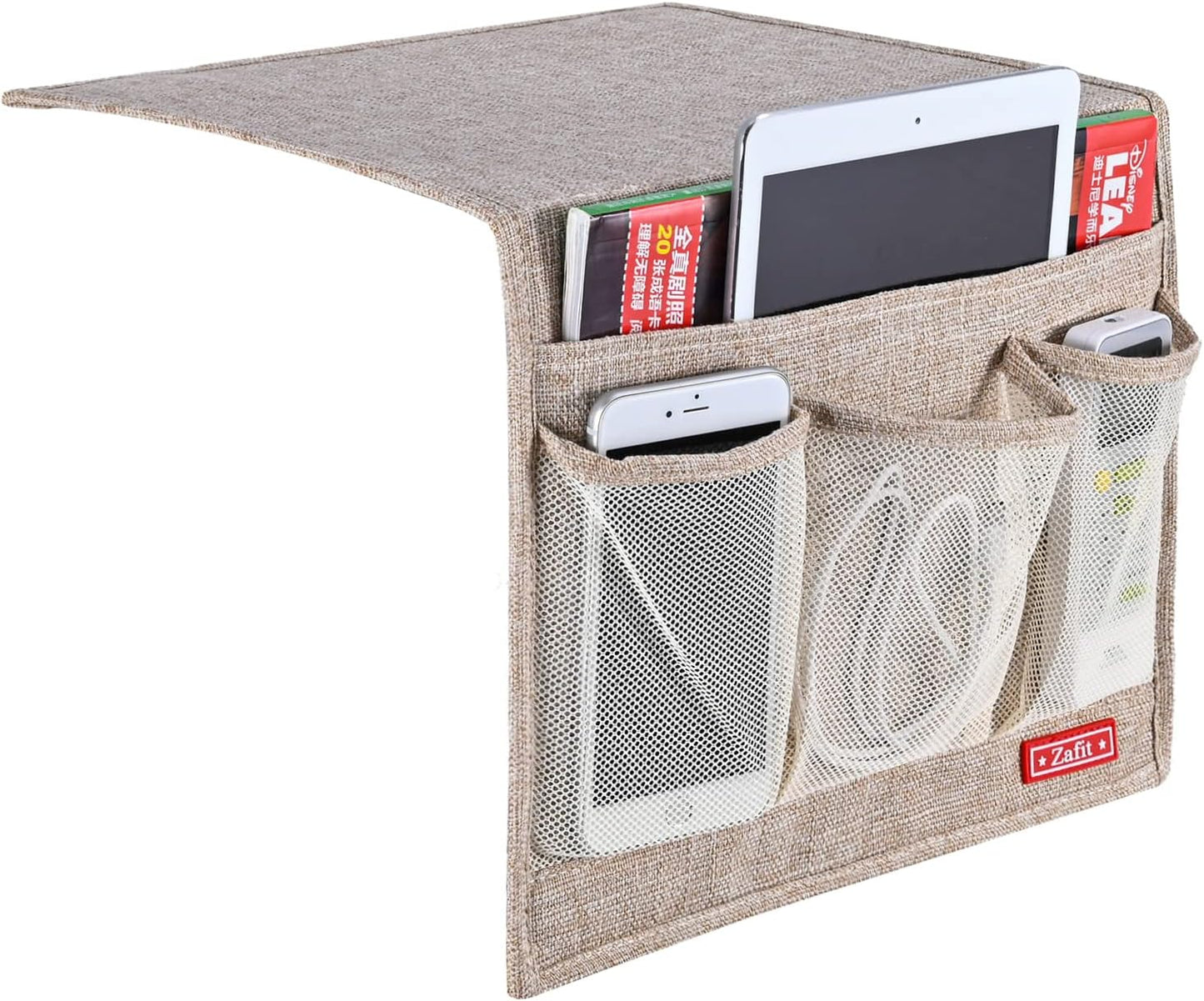 Linen 4 Pockets Bedside Caddy, Bedside Storage Organizer for Magazine, Remotes, Phone (Beige, Classic 4 Pockets)