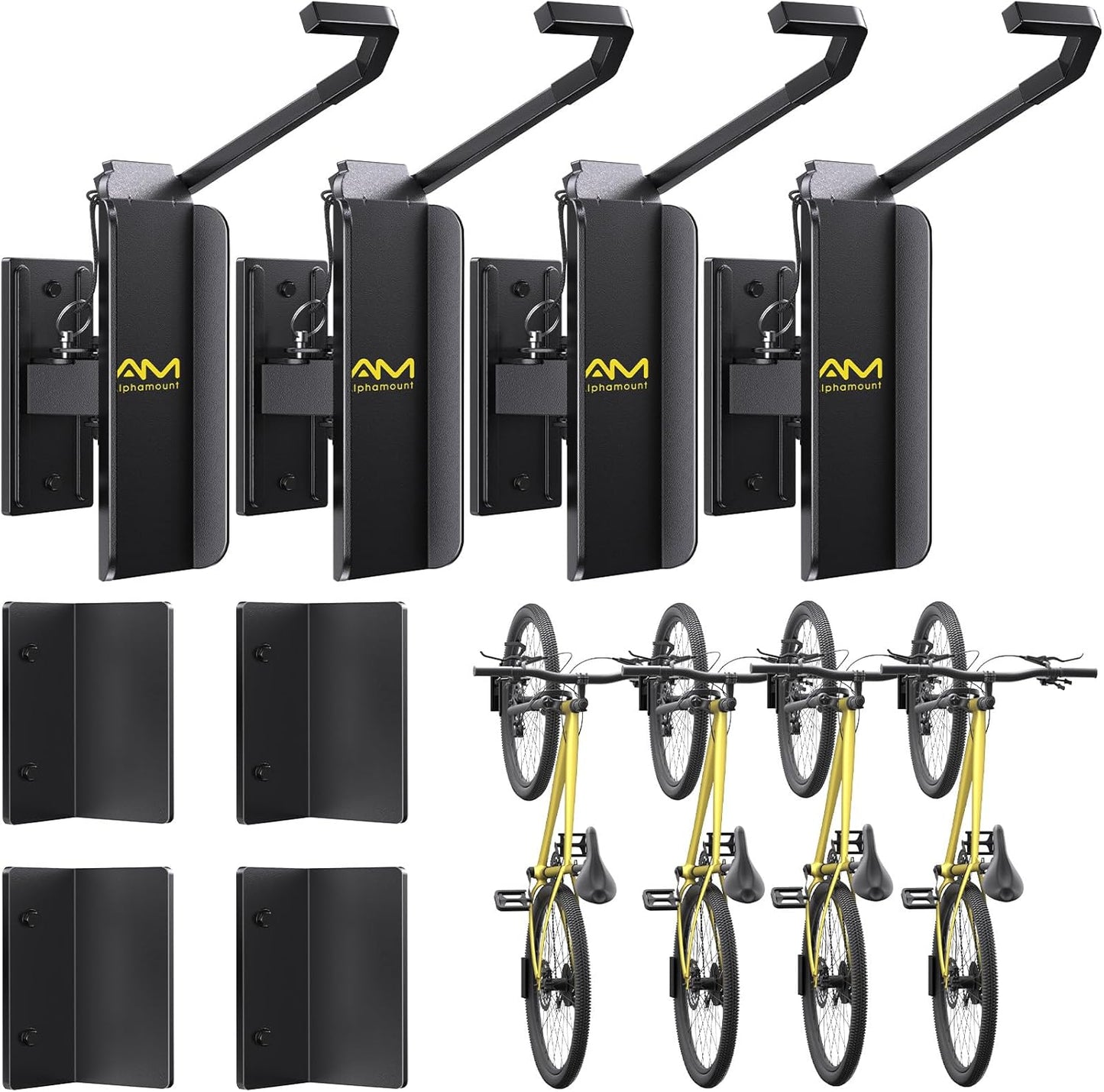 Alphamount AM Swivel Bike Wall Mount, Metal Wall Bike Rack with Durable Sleeves, Space-Saving Vertical Bike Rack with 180° Swivel for Home and Garage, Bike Wall Mount Up to 66 lbs, 4-Pack