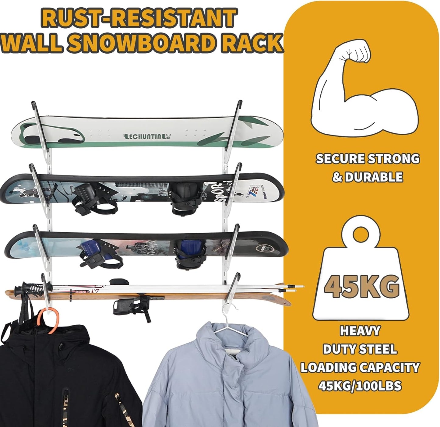 Snowboard Wall Racks, Adjustable Storage Rack for Ski, Surfboard, Wakeboard, Snowboard Wall Mount Display, White/Black