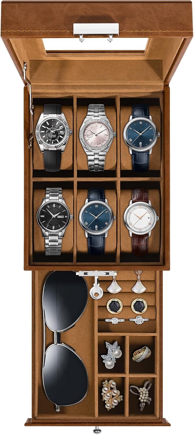 Uten 6-Slot Watch Box, 2-Layers PU Leather Watch Case with Glass Lid, Watch Holder Organizer with Soft Pillow and Velvet Lining, Watch and Jewelry Storage Box, Brown