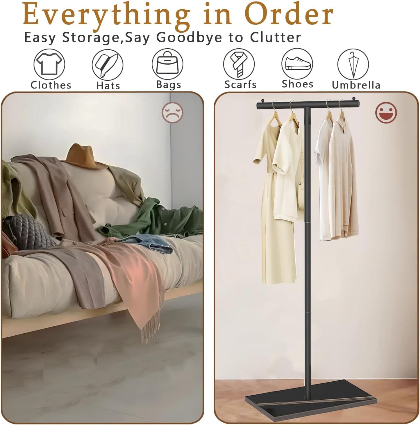 T-Shaped Metal Rack Stand,Modern Clothes Rack With Rock Slab Base,68.8 Inch Freestanding Clothing Rack Stand,Suitable For Boutiques, Entryway, Bedroom, Living Room, Hallway, (Black, 68.8inch)