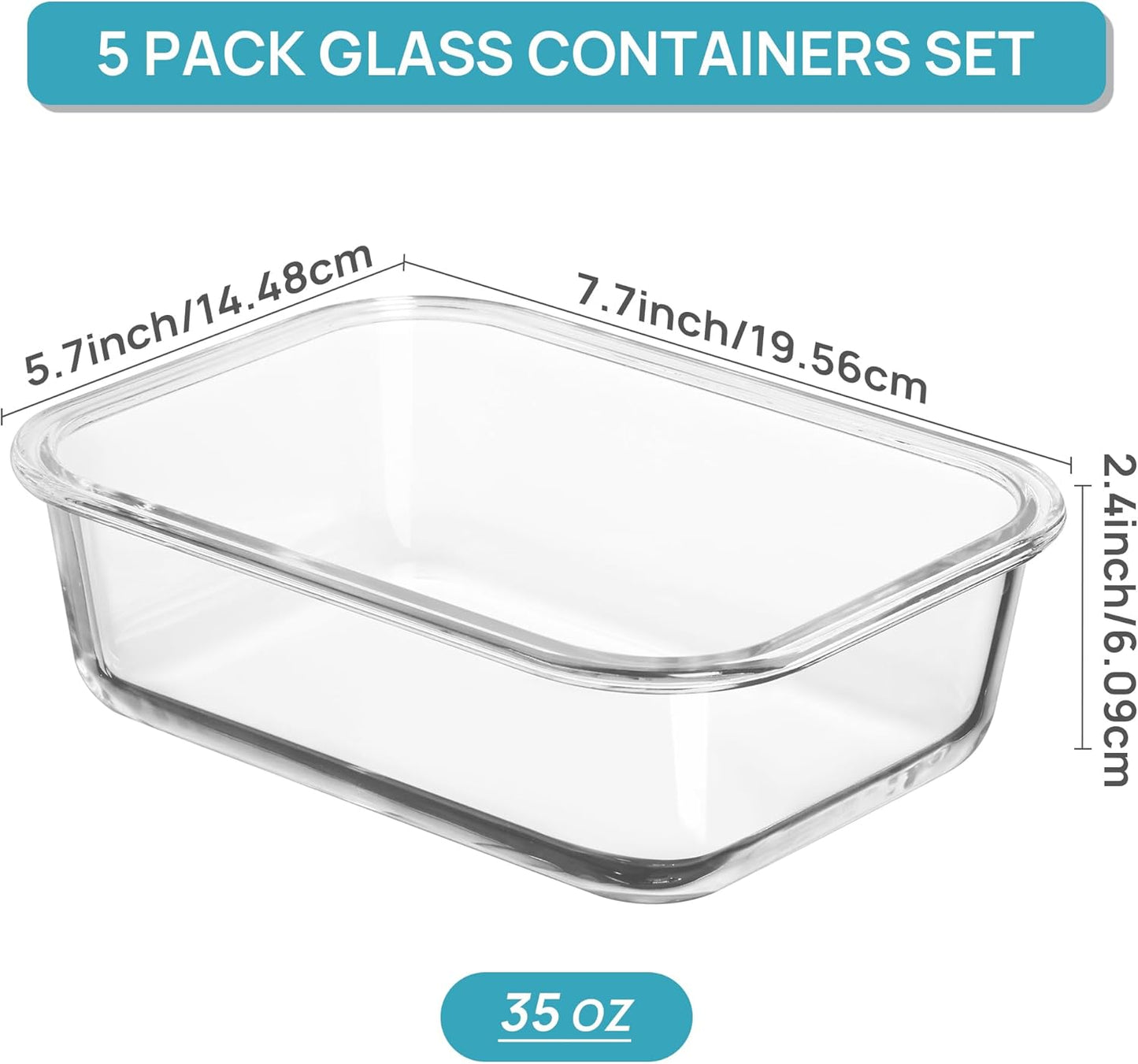 Vtopmart 5 Pack 35oz Glass Food Storage Containers with Lids, Meal Prep Containers, Airtight Reusable Lunch Container Set, Safe for Oven, Microwave, Freezer, and Dishwasher, Grey