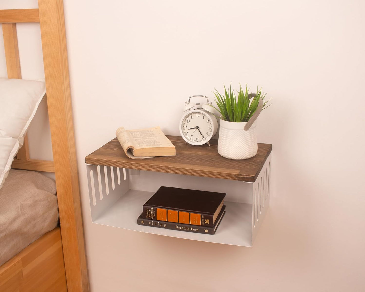 Floating Nightstand with White Metal Base, Wooden Top and Sturdy Metal Base, Minimalist Bedside Table, Wall Mounted Shelf, Bedside Shelf (Vancouver)