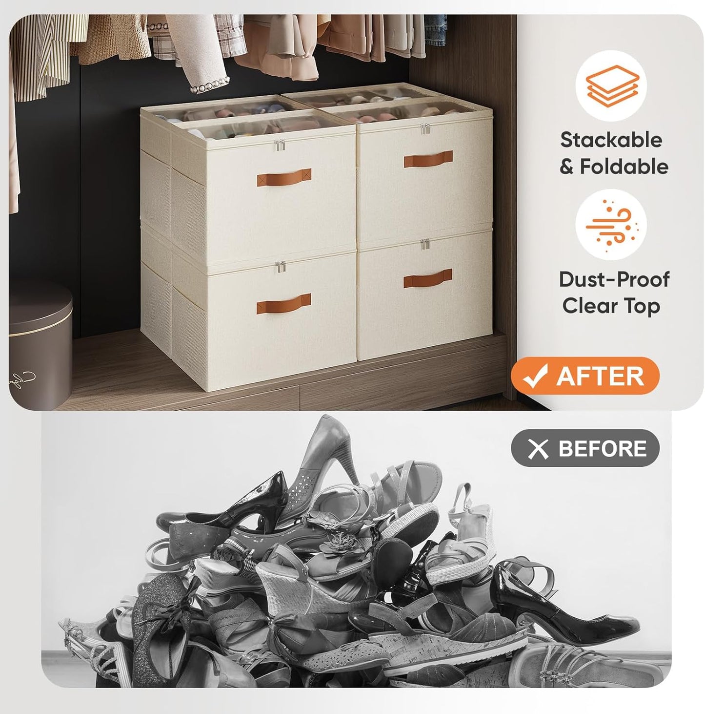Shoe Organizer for Closet, 2 Pack Foldable Shoe Storage Organizer with Adjustable Dividers, Shoe Storage Box with Clear Cover, Fits up to 16 Pairs, Beige