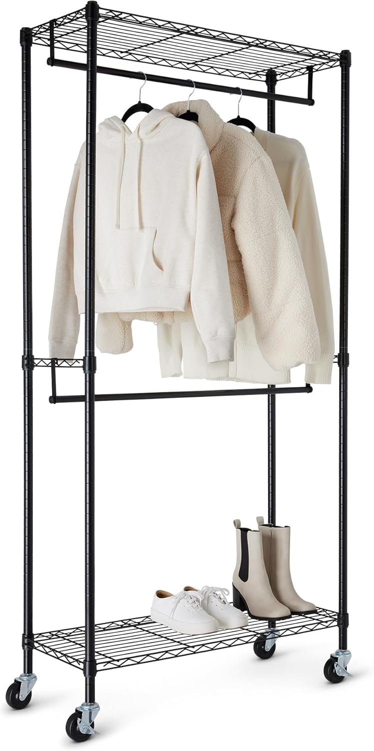 Amazon Basics Adjustable, Double Hanging Rod Garment Rolling Closet Organizer Rack with Wheels, Heavy Duty, Black, 36'' x 14'' x 72'', WI-GAR1436B