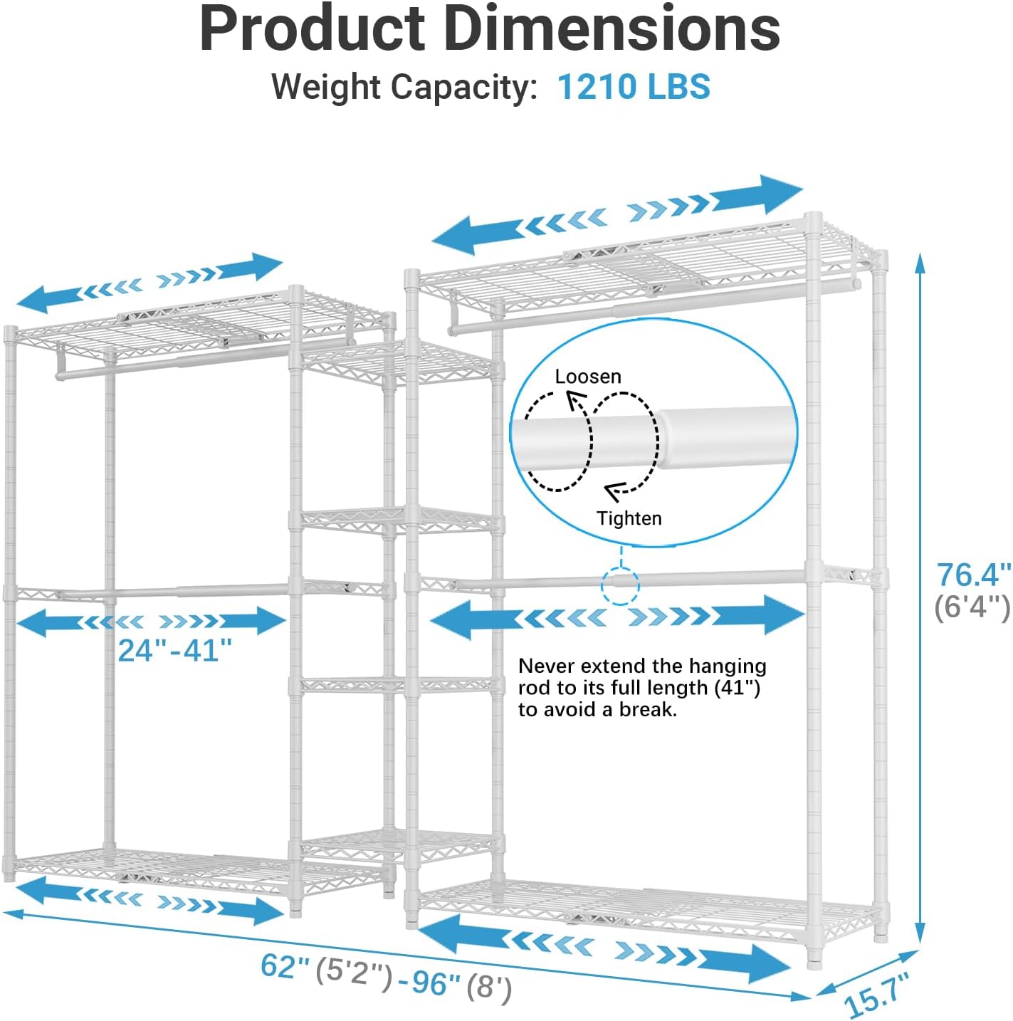 VIPEK X3 Expandable Heavy Duty Clothes Rack Adjustable from 5'2" to 8' with Flexible Shelves and Hanger Rods, Large Freestanding Clothing Racks for Hanging Clothes, Max Load 1210LBS, White