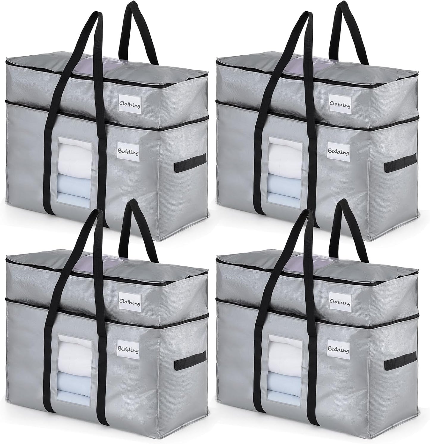 TAILI 2 Tier Extra Large Moving Bags, 4 Pack Silver Heavy Duty Totes for Storage with Visible Window, Wrap Around Handles, Storage Bags for Space Saving, Alternative to Moving Boxes