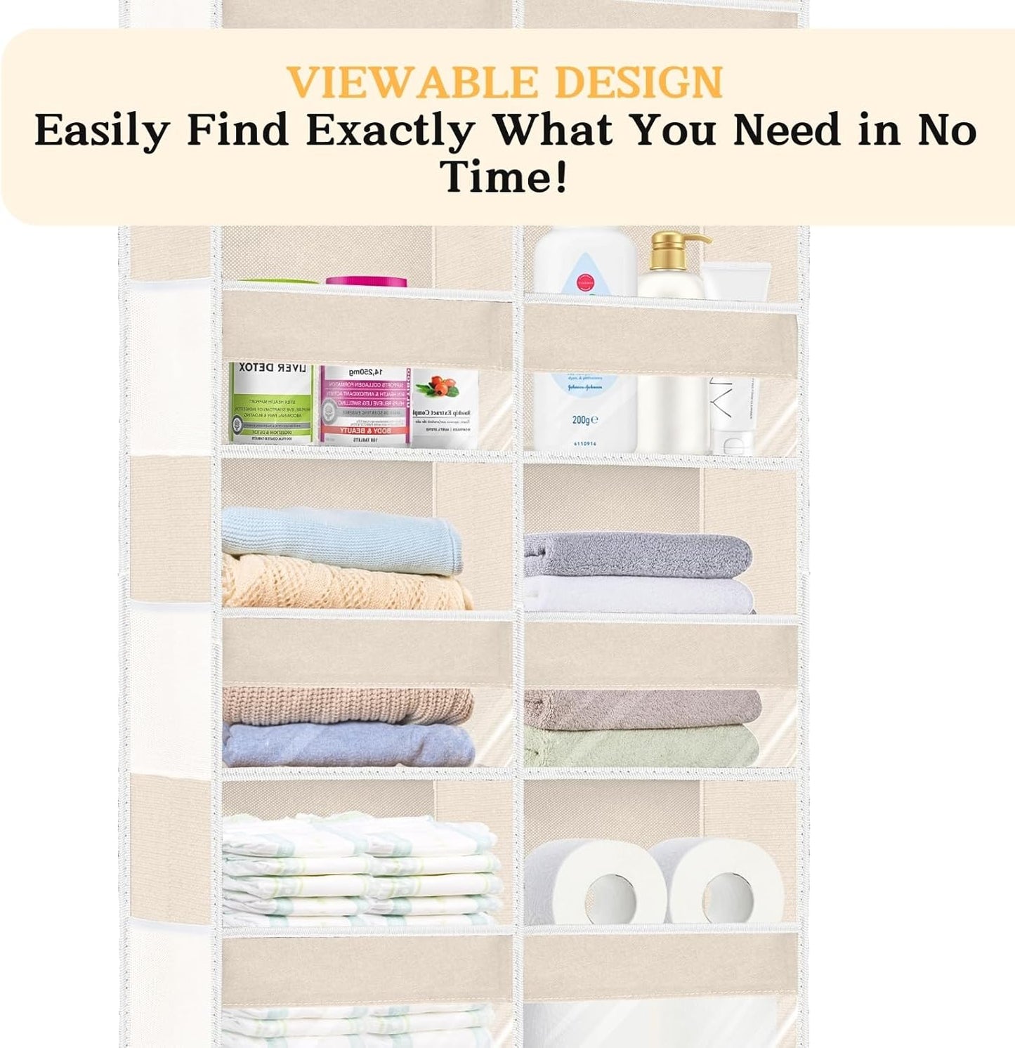 2 Pack Over The Door Organizer 6 Tiers, Extra Large Behind Door Storage of 12 Compartments, 80 lbs Weight Capacity Hanging Storage Organizer with Clear Window Kids Toys,Shoes (6 Tiers - Beige)