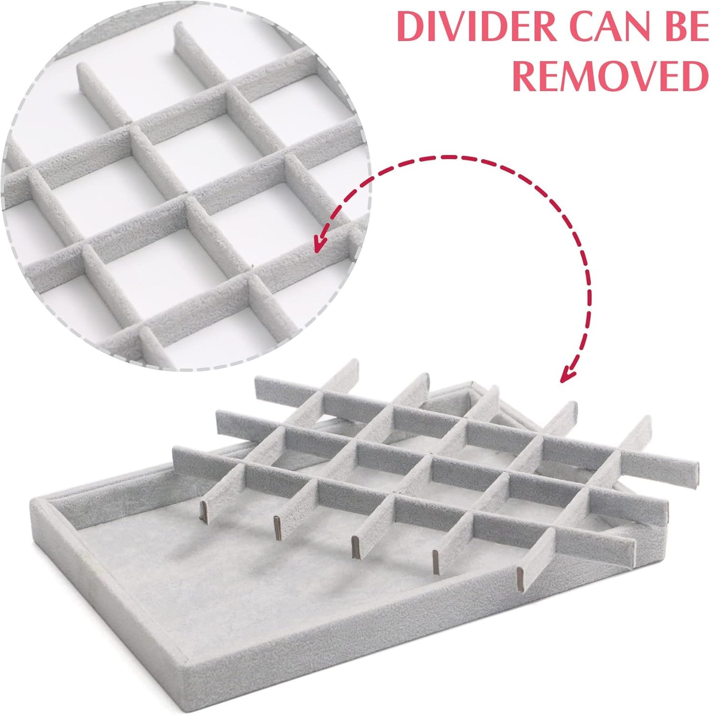 DIOMMELL Set of 5 Stackable Velvet Jewelry Trays Organizer Jewelry Display Showcase Dresser Drawer Organizer Storage Box for Ring Earring Bracelet Necklace Accessary, Grey