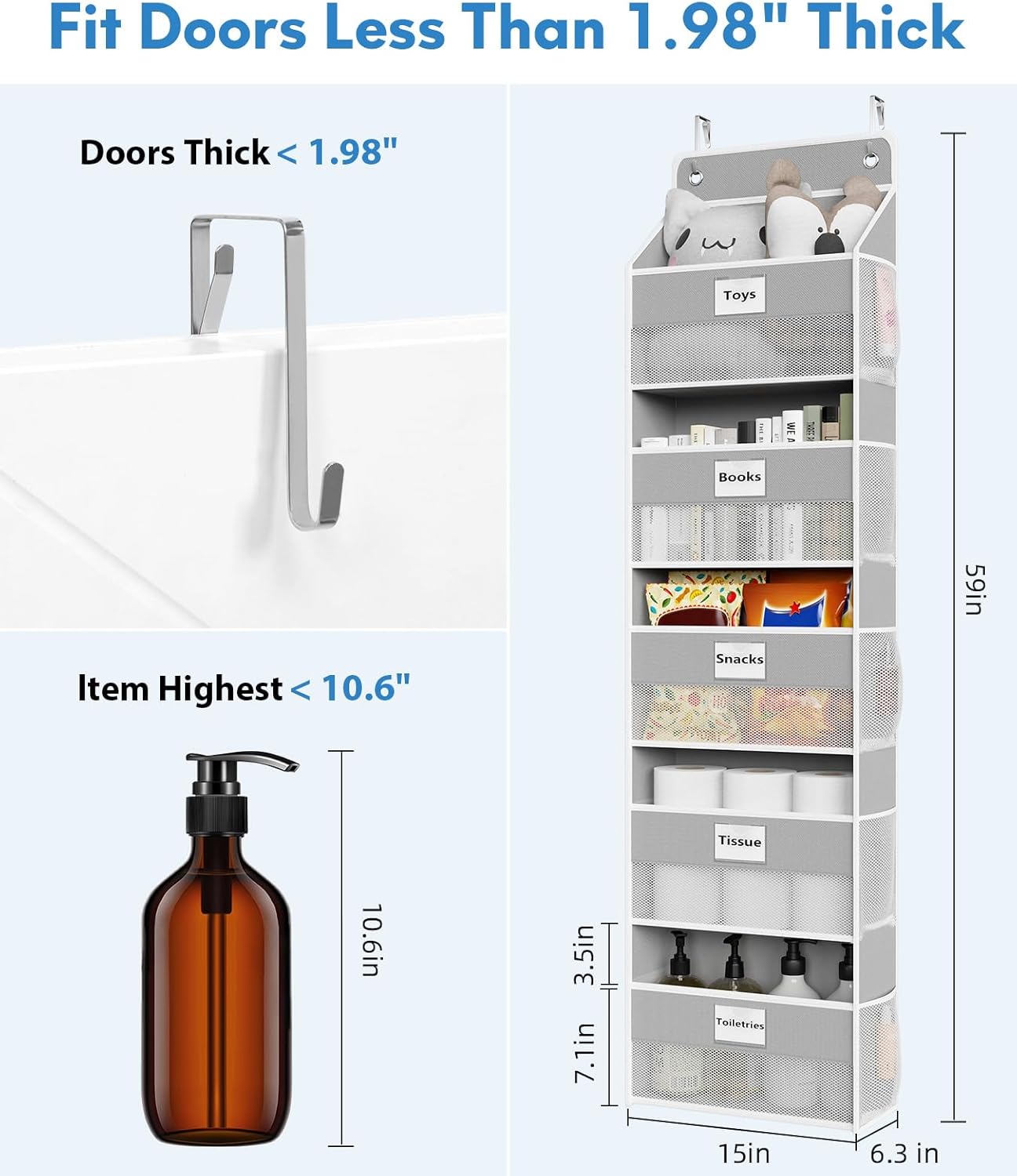 Over The Door Organizer Hanging, 5 Shelf Behind The Doors Storage, Pantry Door Organizer, Closet Organizers for Bedroom and Nursery (Grey)