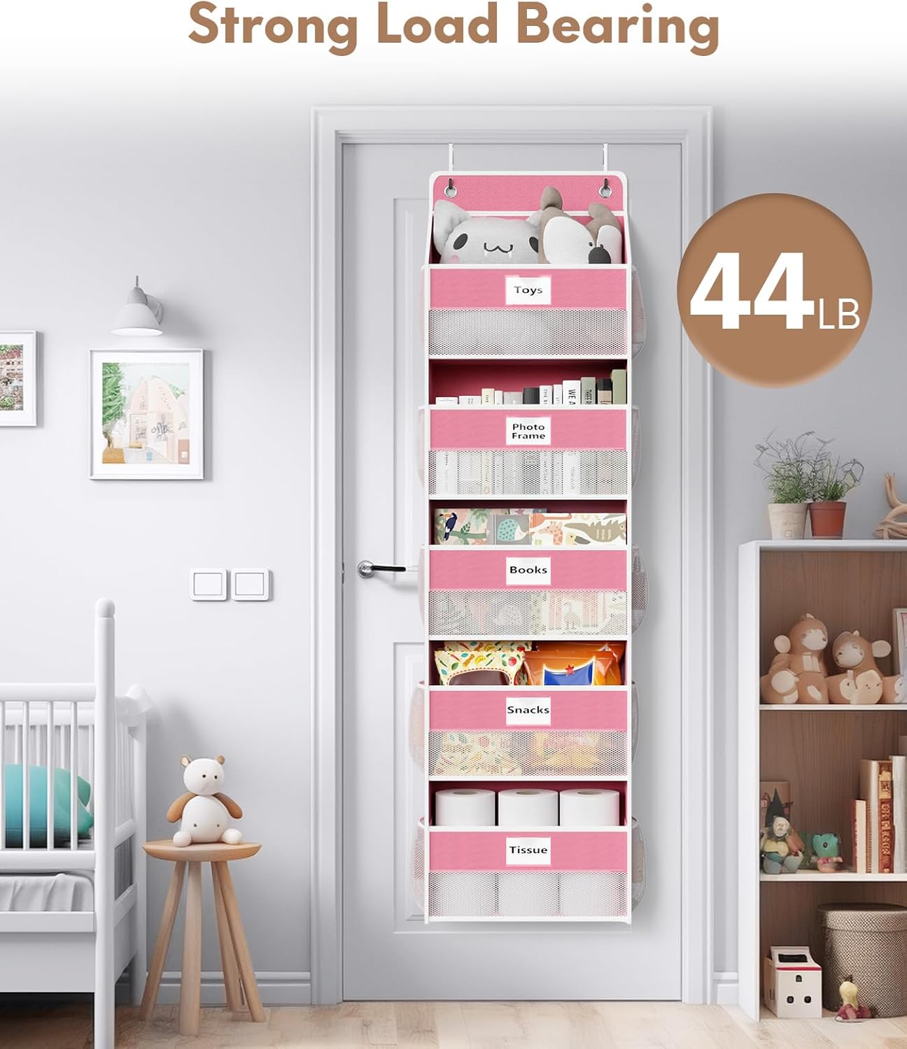 Over The Door Organizer Hanging, 2 Pack 5 Shelf Behind The Doors Storage, Pantry Door Organizer, Closet Organizers for Bedroom and Nursery (Pink)