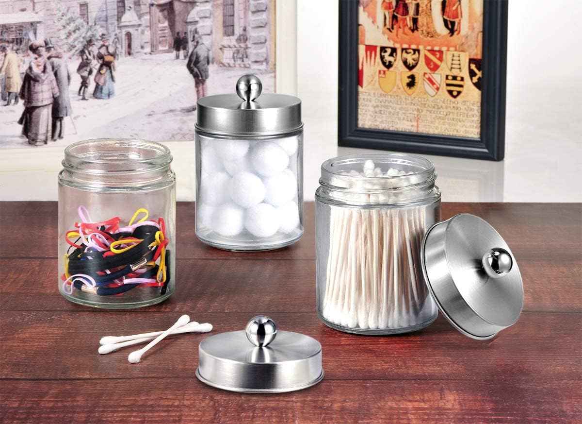 Amolliar Apothecary Jars Bathroom Vanity Organizer -Countertop Canister Jar with Storage Lid - Qtip Dispenser Holder Glass for Qtips,Cotton Swabs,Makeup Sponges ,Hair Band - Brushed Nickel (1 Pack)