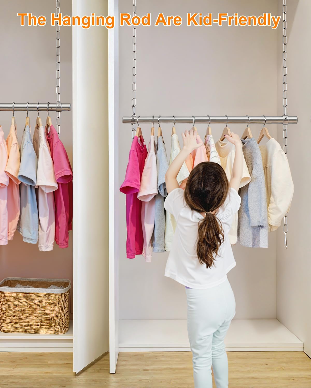 Hanging Closet Rod, Adjustable Width and Height Closet Rods Extender, 17-52inch Heavy-Duty Stainless Steel Bar, Space-Saving Closet Rod Hanging Clothes, 2Pack(Silver)