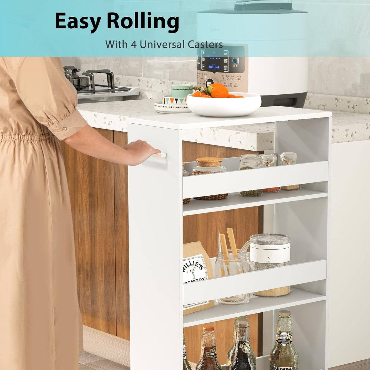 POWERSTONE 4-Tier Slim Storage Cart, Narrow Kitchen Rolling Cart w/Handle & Open Shelves, Skinny Slide Out Utility Organizer Trolley for Kitchen Bathroom Laundry Small Spaces White